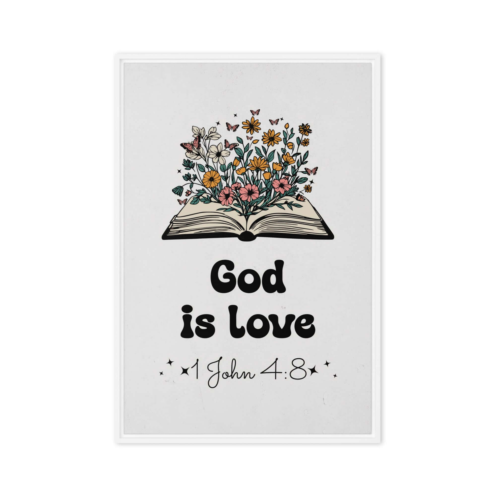1 John 4:8 Bible Verse, God is Love Framed Canvas Print Wall Art White 20″×30″