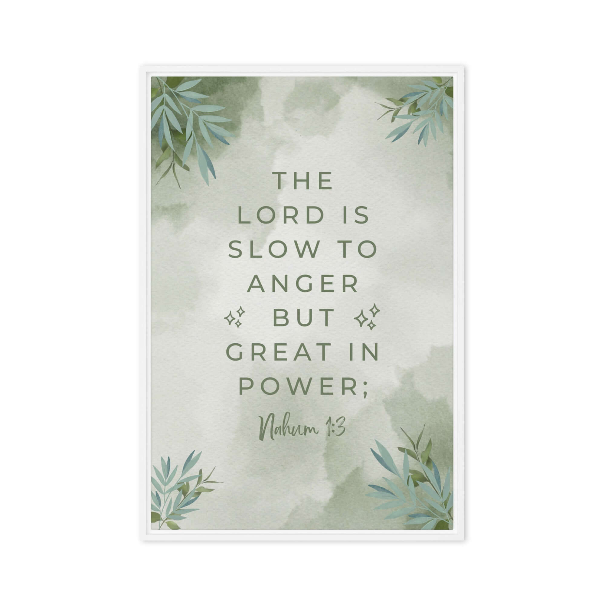 Nahum 1:3 Bible Verse, The Lord is slow Framed Canvas Print Wall Art White 20″×30″