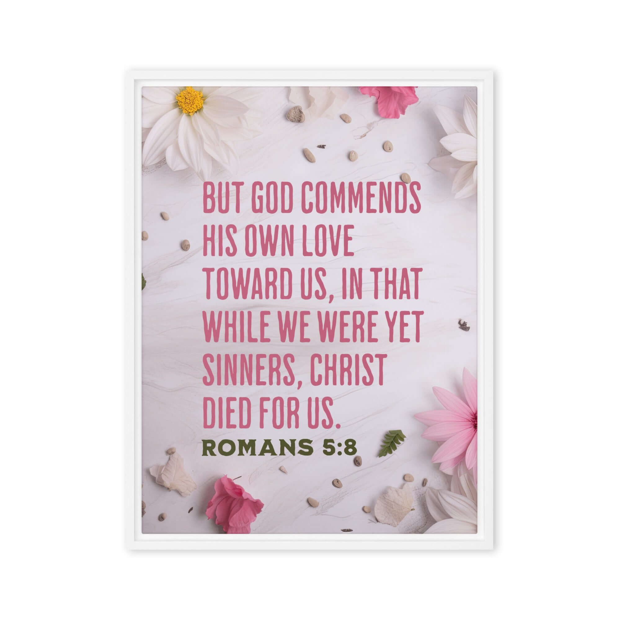 Romans 5:8 Bible Verse, Christ Died for Us Framed Canvas Print Wall Art White 24″×32″