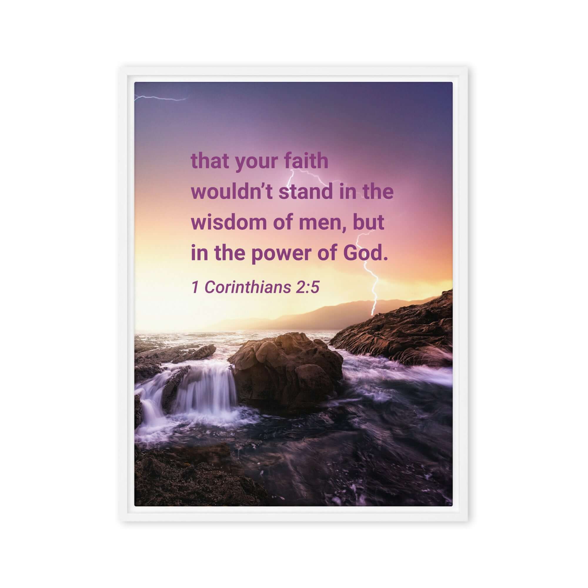 1 Corinthians 2:5 Bible Verse, power of God Framed Canvas Print Wall Art White 24″×32″