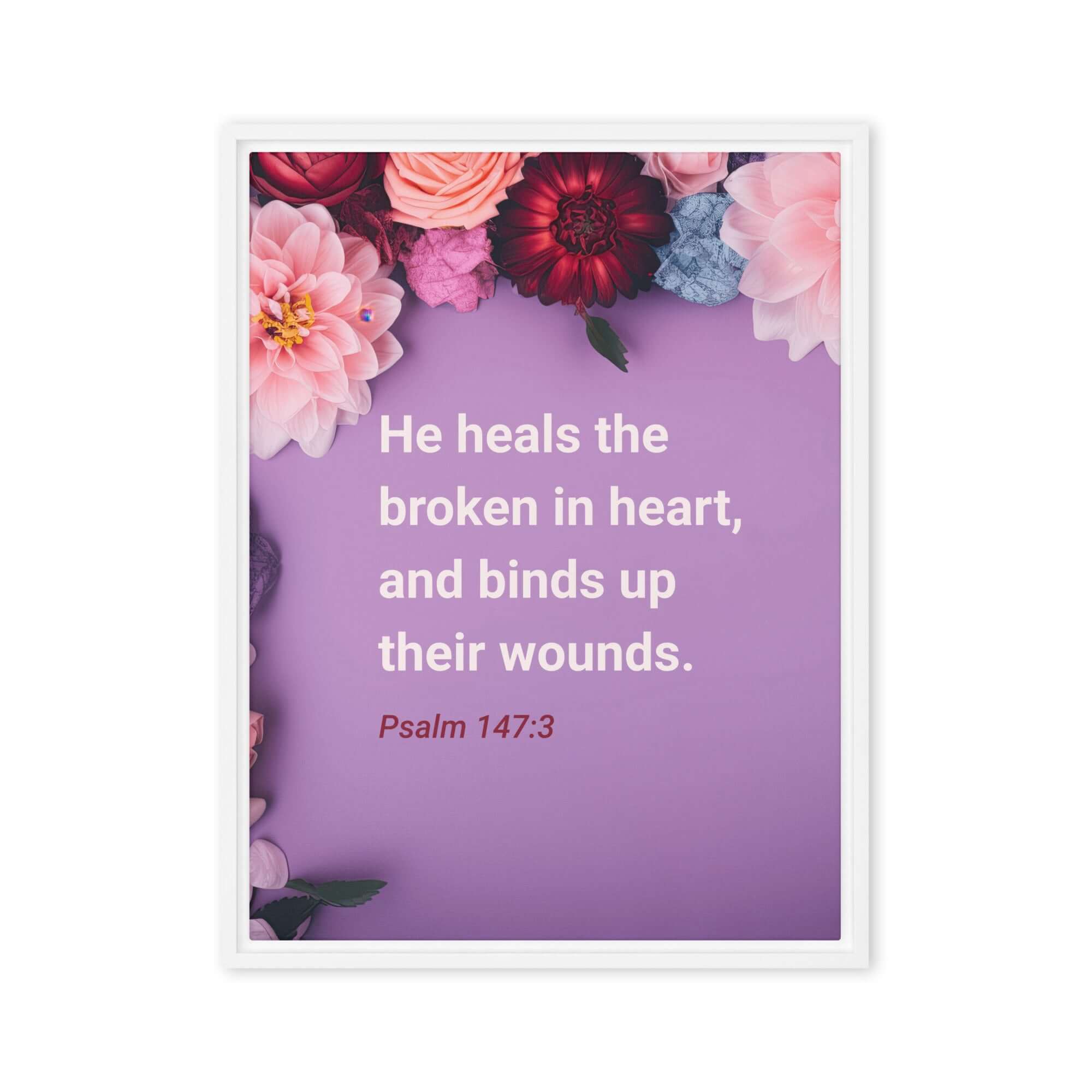 Psalm 147:3 Bible Verse, He heals the broken Framed Canvas Print Wall Art White 24″×32″
