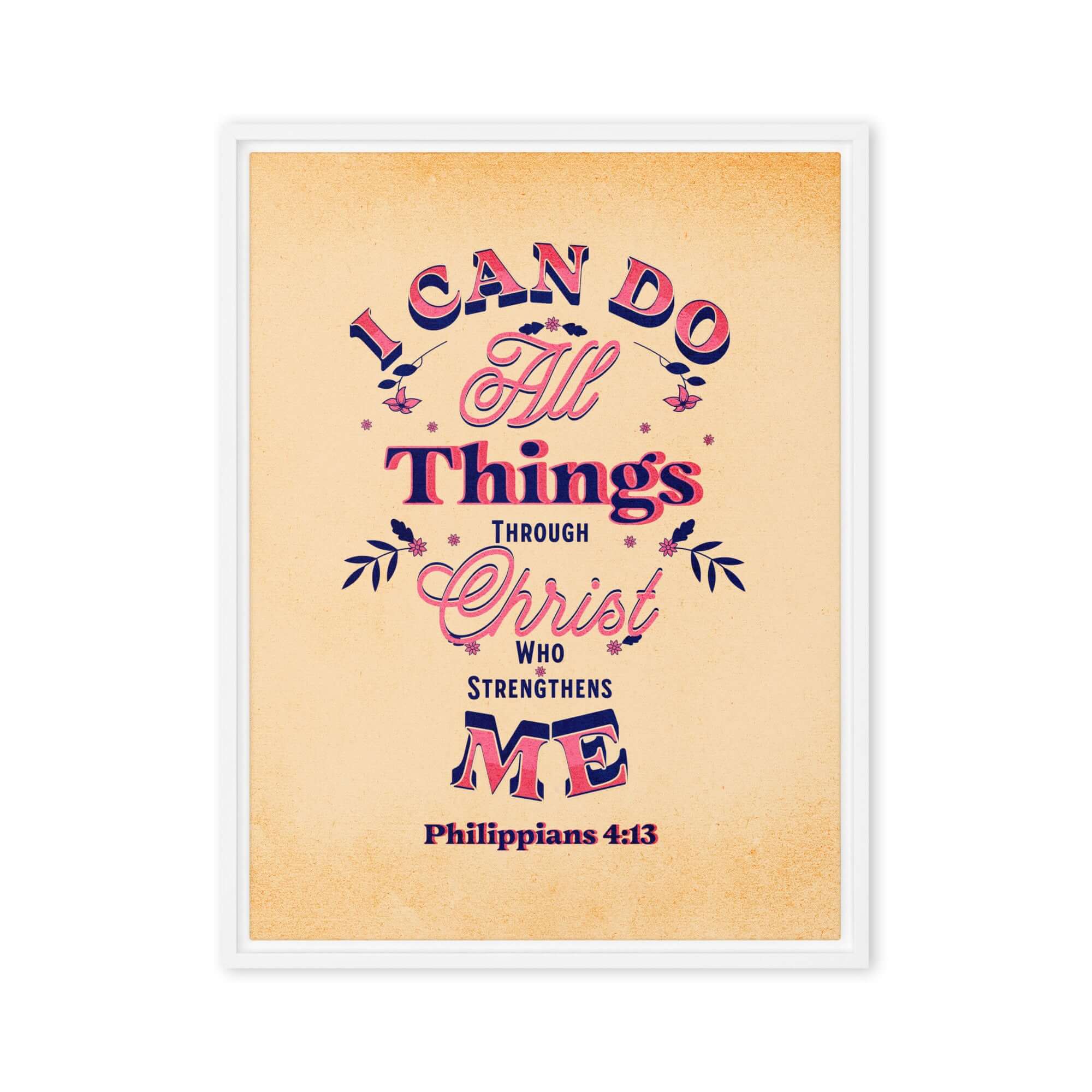 Philippians 4:13 Bible Verse, Christ Strengthens Me Framed Canvas Print Wall Art White 24″×32″