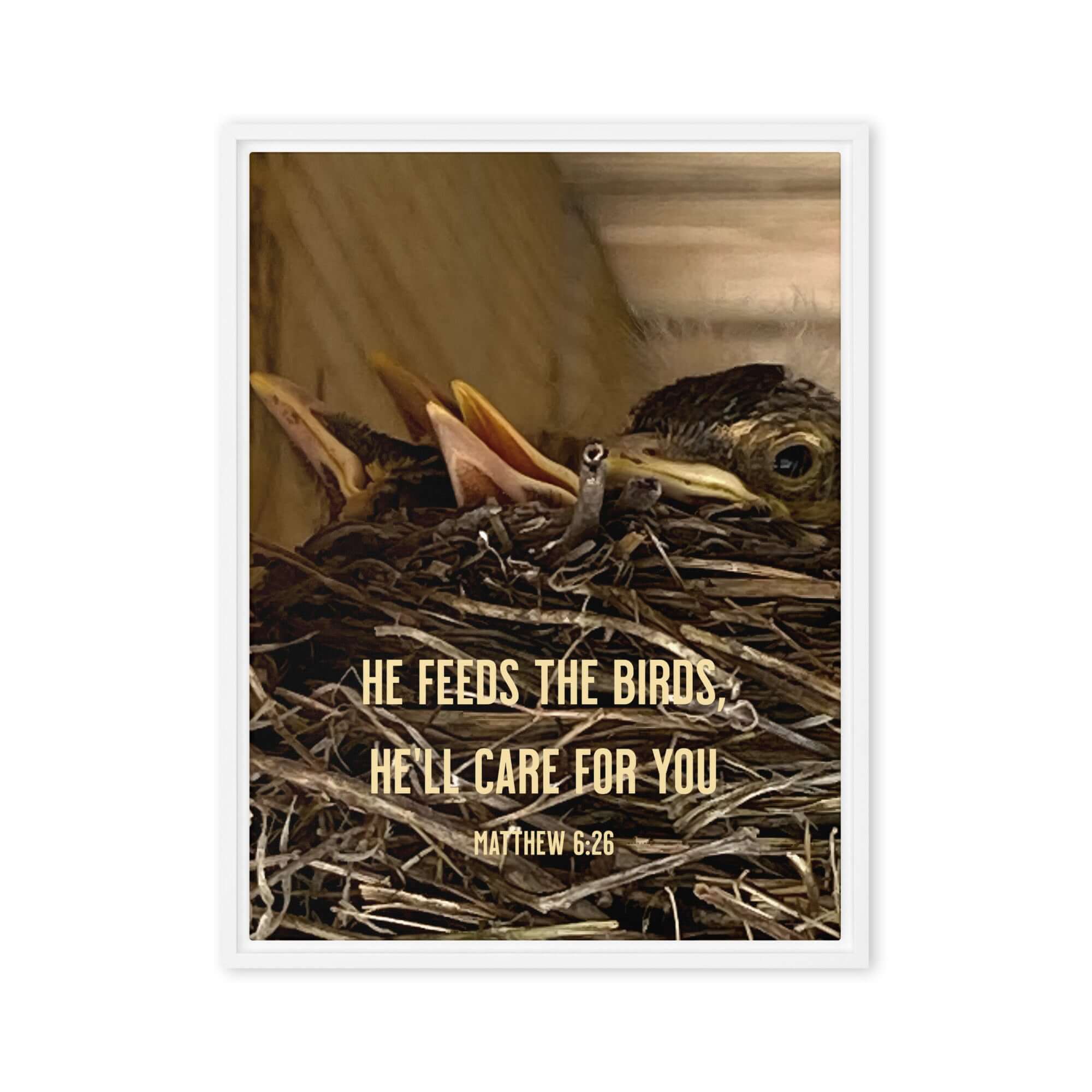 Matthew 6:26 Baby Robins, He'll Care for You Framed Canvas Print Wall Art White 24″×32″