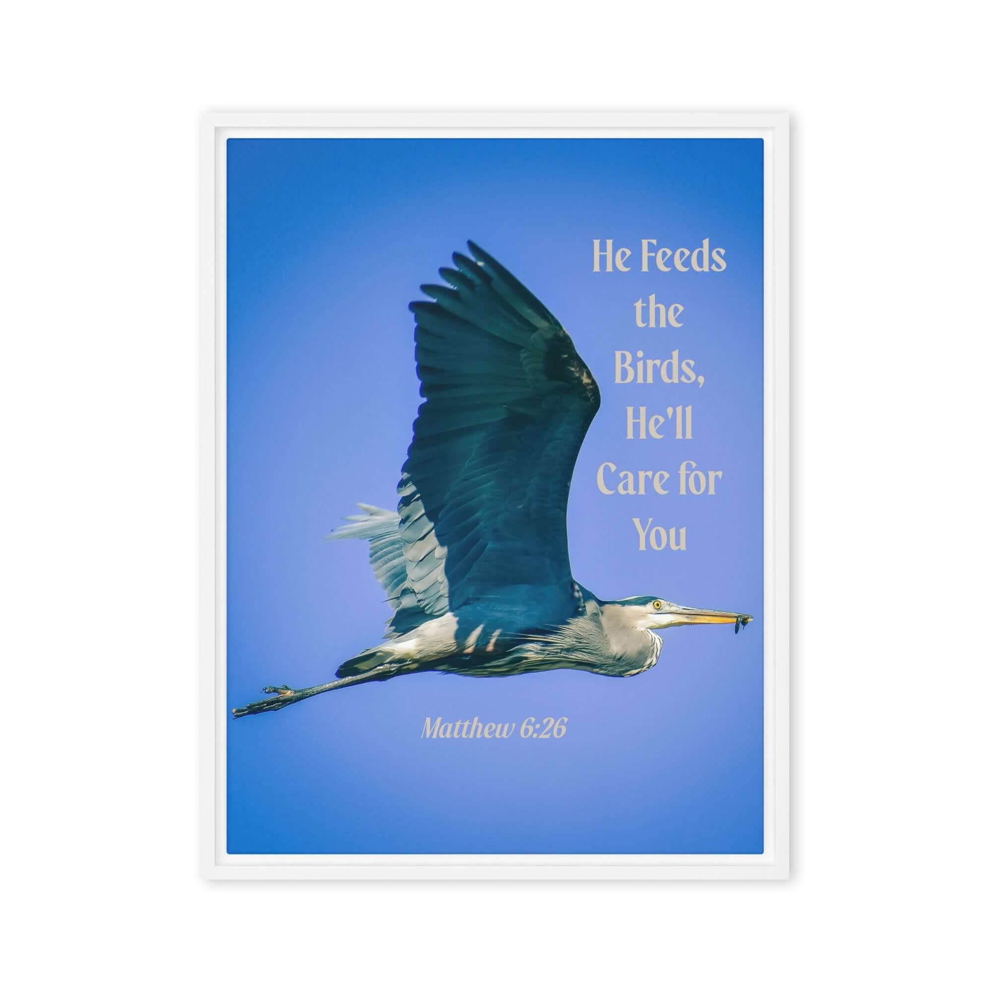 Matthew 6:26 Graceful Heron, He'll Care for You Framed Canvas Print Wall Art White 24″×32″