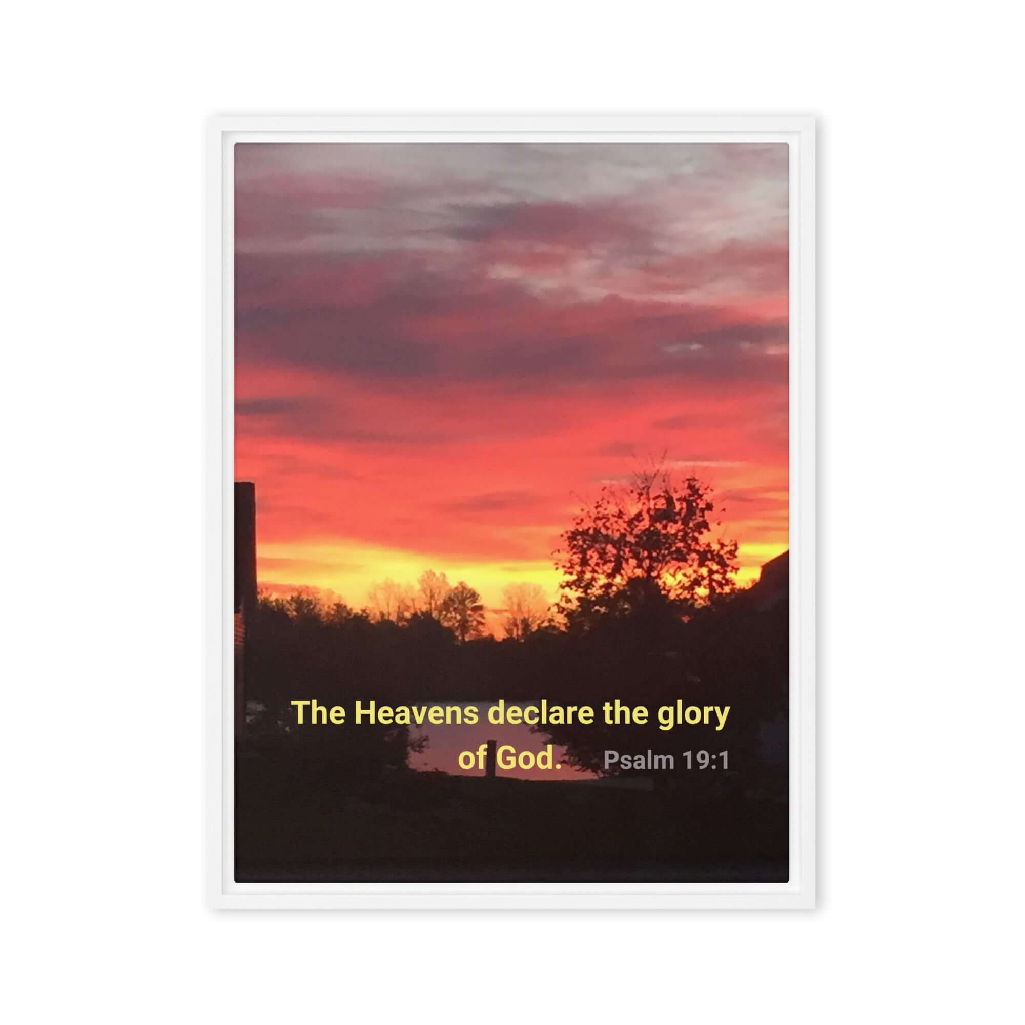 Psalm 19:1 Bible Verse, Sunset Glory Framed Canvas Print Wall Art White 24″×32″