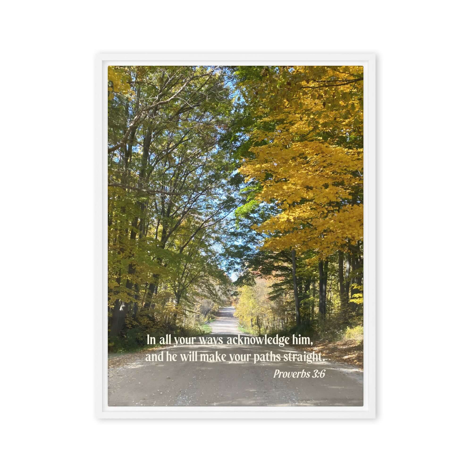 Proverbs 3:6 Bible Verse, Fall Road Framed Canvas Print Wall Art White 24″×32″