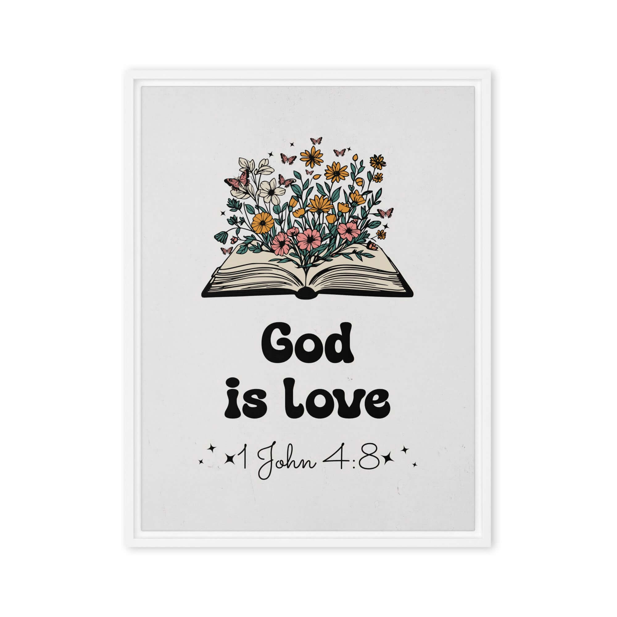 1 John 4:8 Bible Verse, God is Love Framed Canvas Print Wall Art White 24″×32″