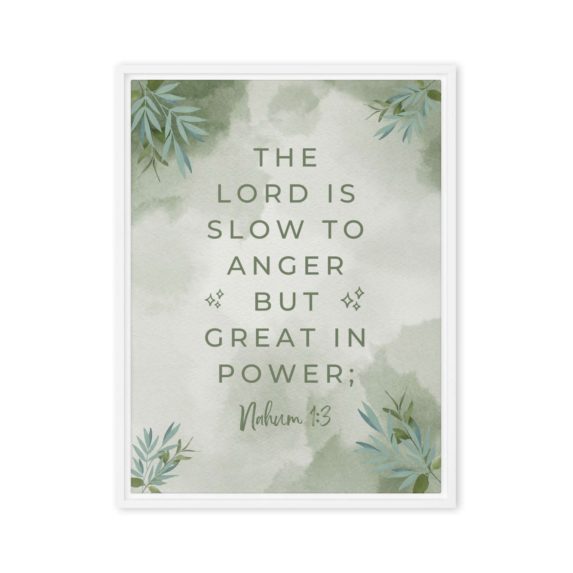 Nahum 1:3 Bible Verse, The Lord is slow Framed Canvas Print Wall Art White 24″×32″