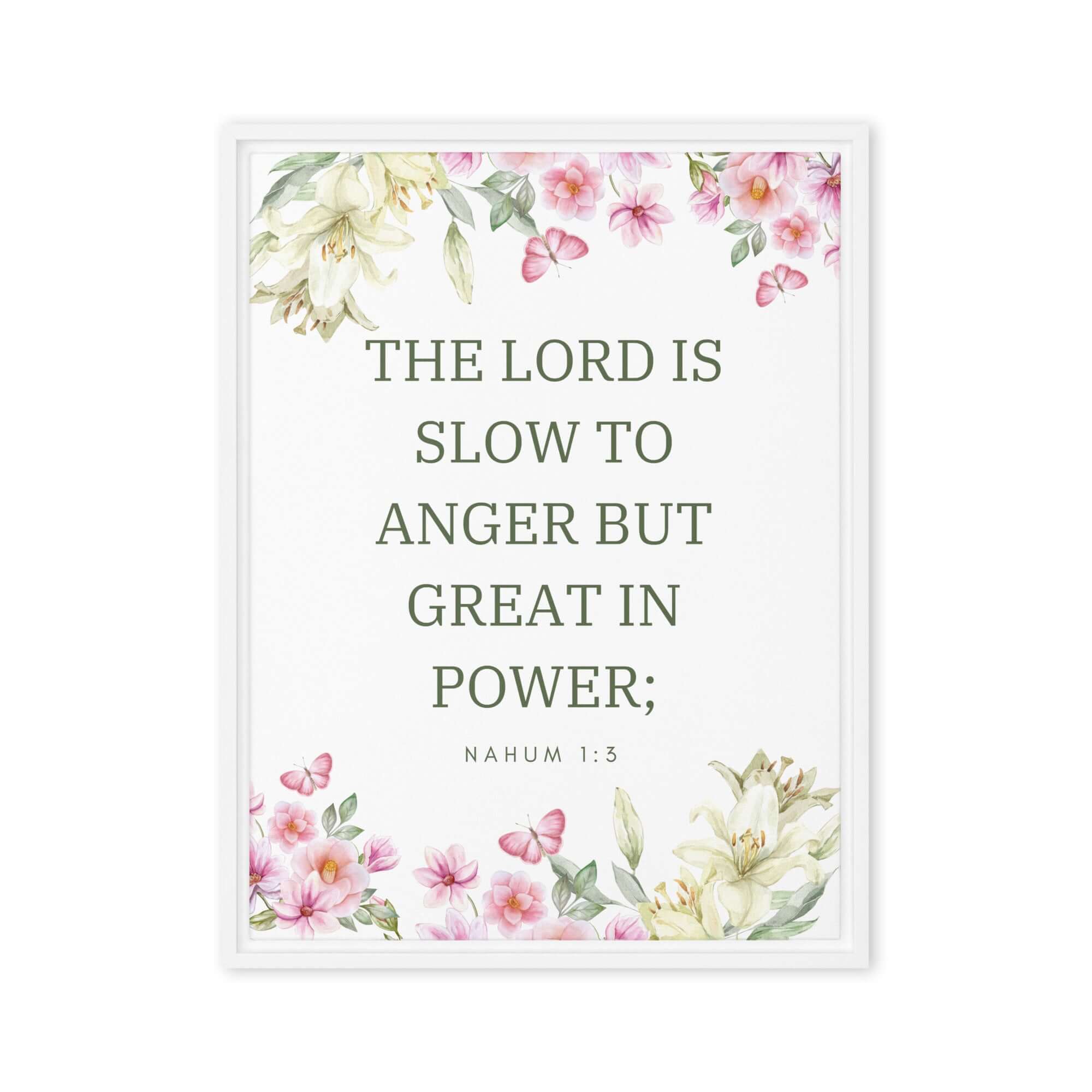 Nahum 1:3 Bible Verse, slow to anger Framed Canvas Print Wall Art White 24″×32″