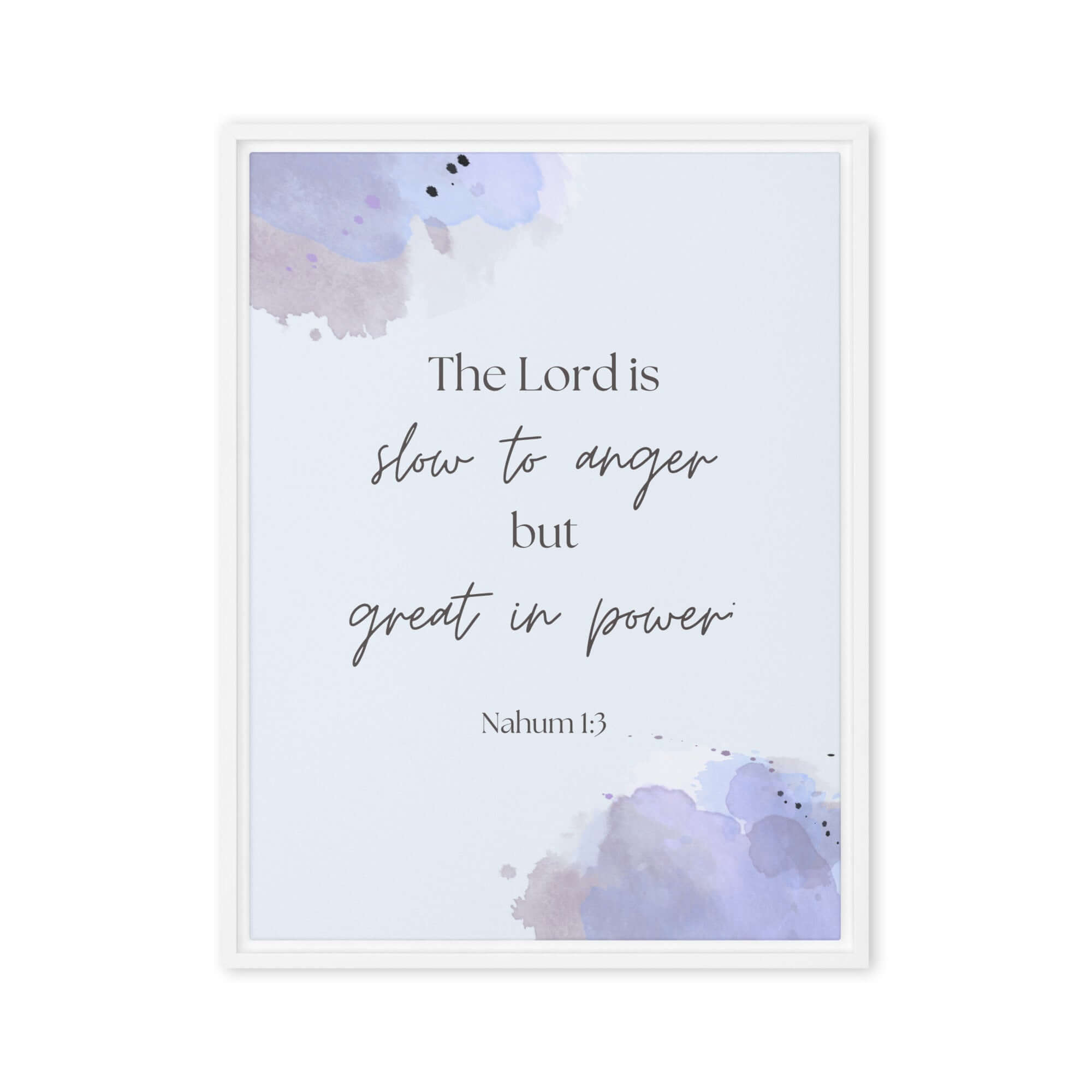 Nahum 1:3 Bible Verse, great in power Framed Canvas Print Wall Art White 24″×32″
