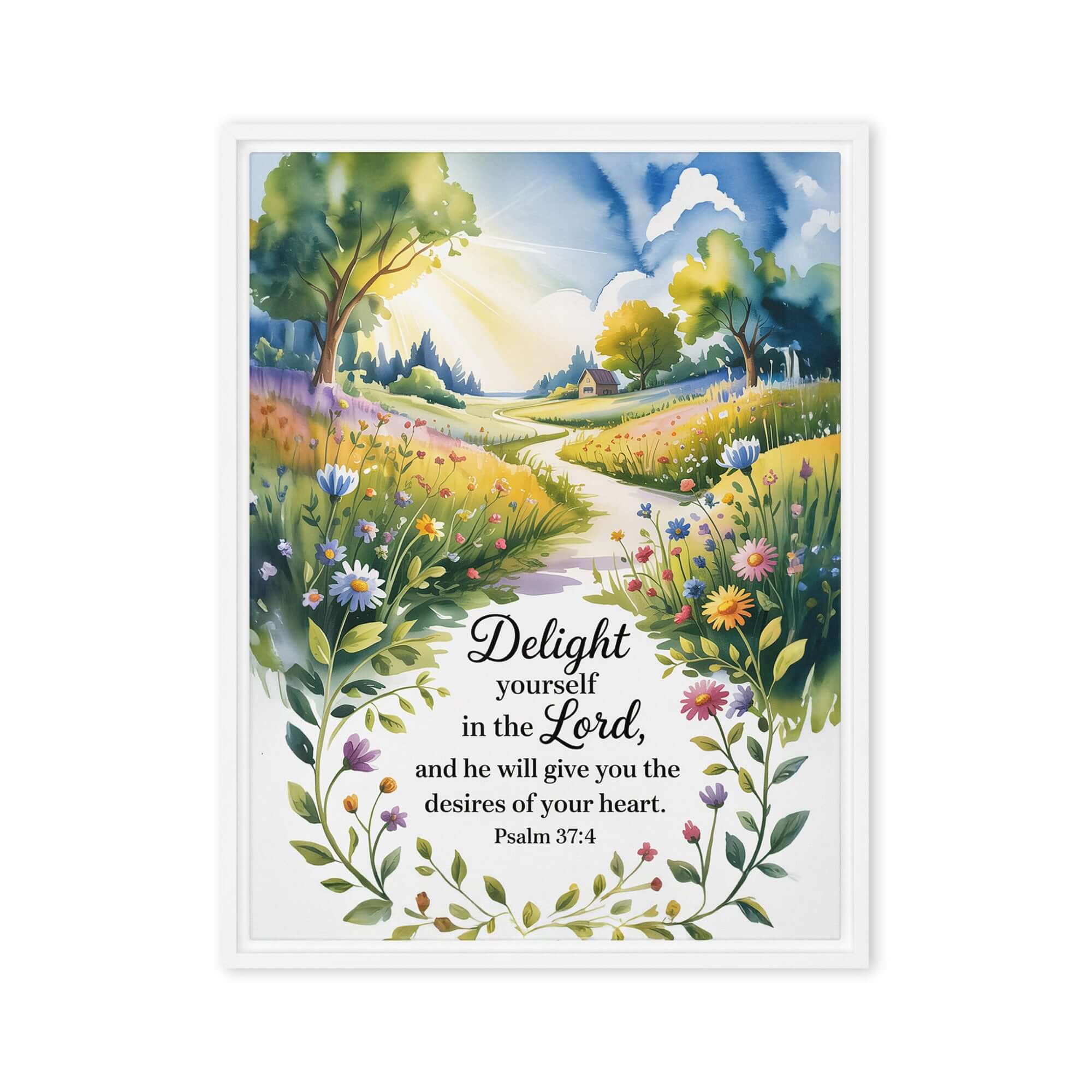 Psalm 37:4 Bible Verse, desires Framed Canvas White 24″×32″