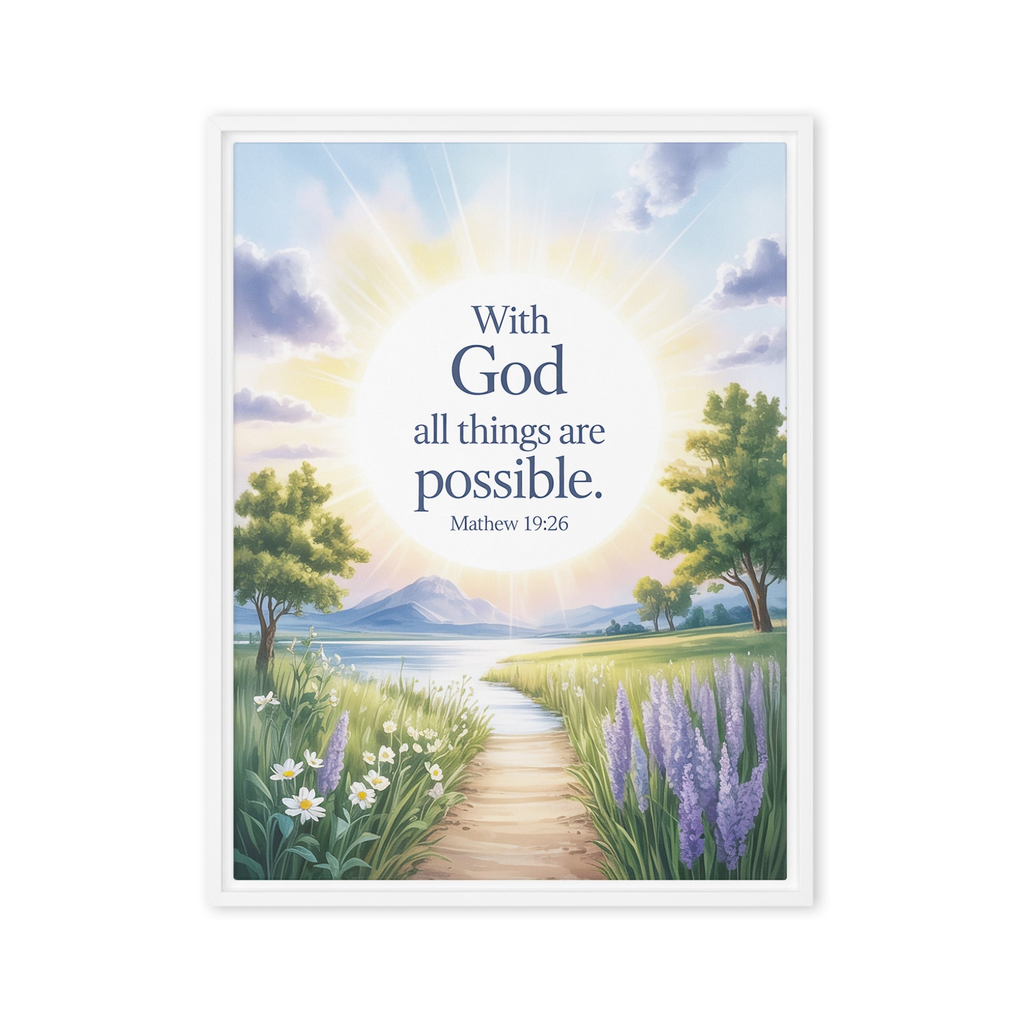 Matthew 19:26 Bible Verse Looking at Framed Canvas White 24″×32″
