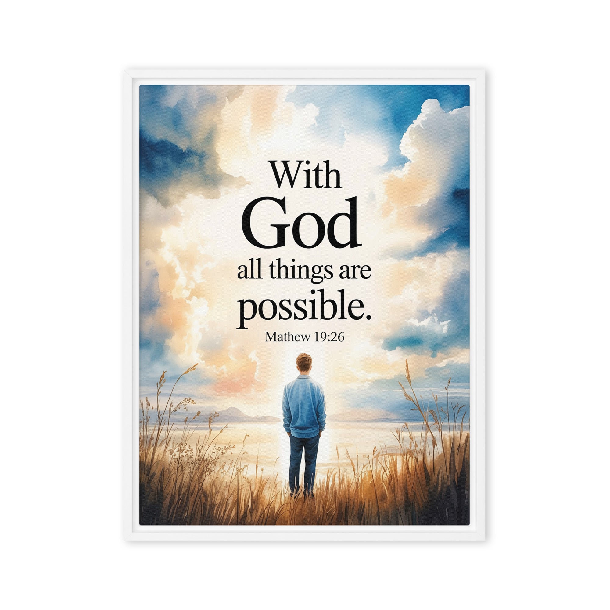 Matthew 19:26 Bible Verse Jesus Framed Canvas White 24″×32″