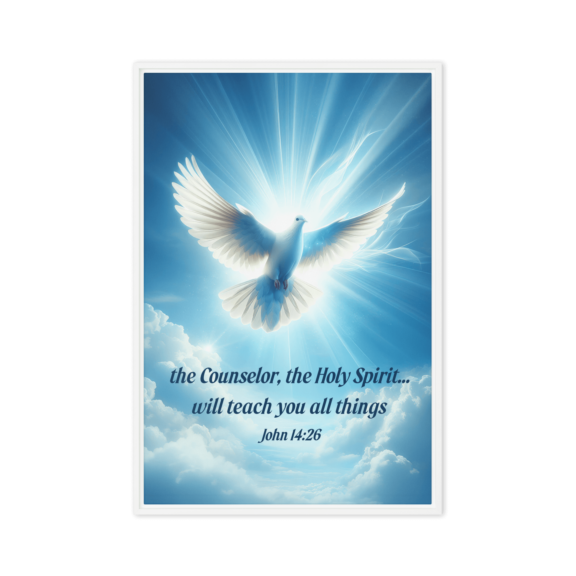 John 14:26 Bible Verse, Holy Spirit Dove Framed Canvas Print Wall Art White 24″×36″
