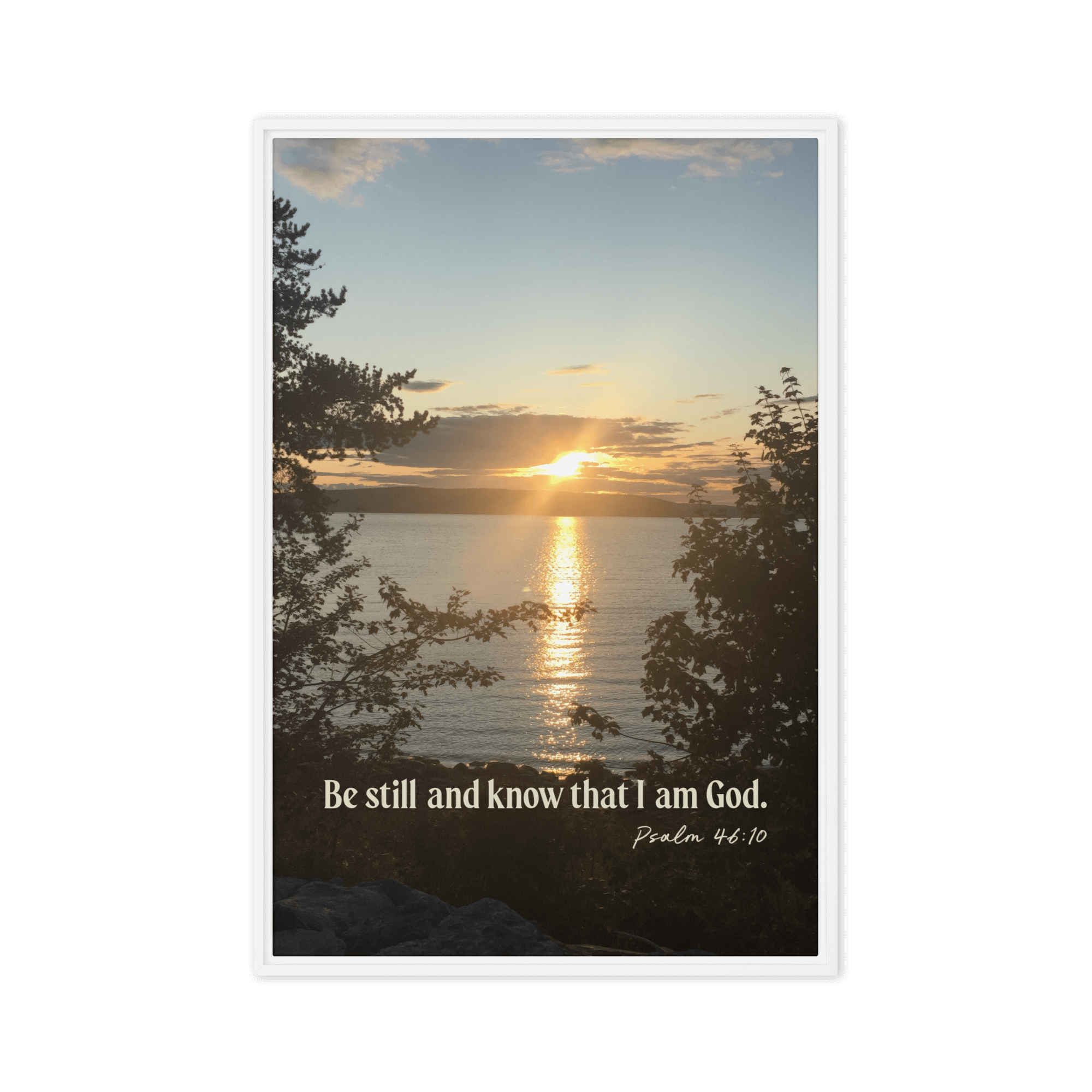 Psalm 46:10 Bible Verse, Sunset Glory Framed Canvas Print Wall Art White 24″×36″