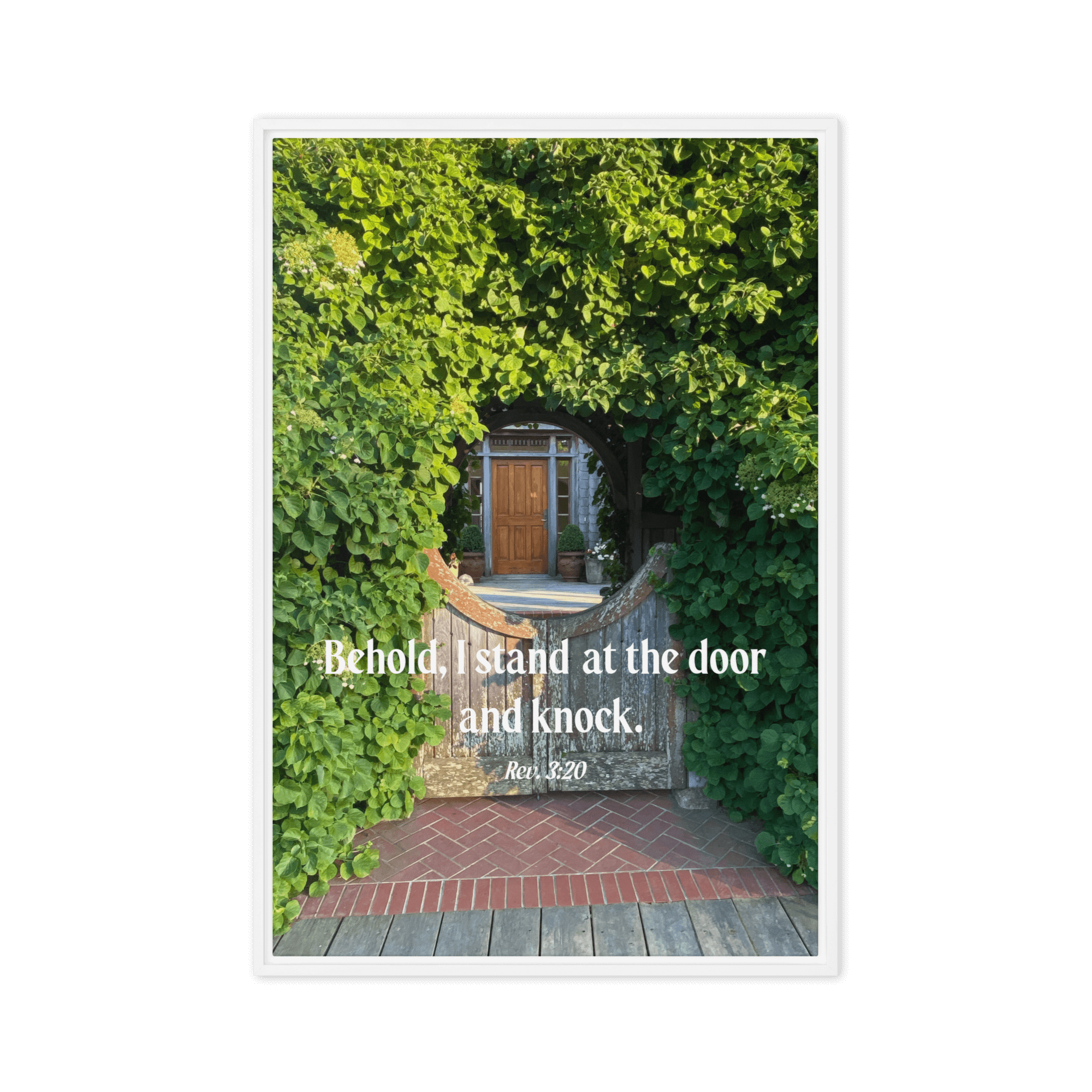 Revelation 3:20 Bible Verse, Garden Doorway Framed Canvas Print Wall Art White 24″×36″