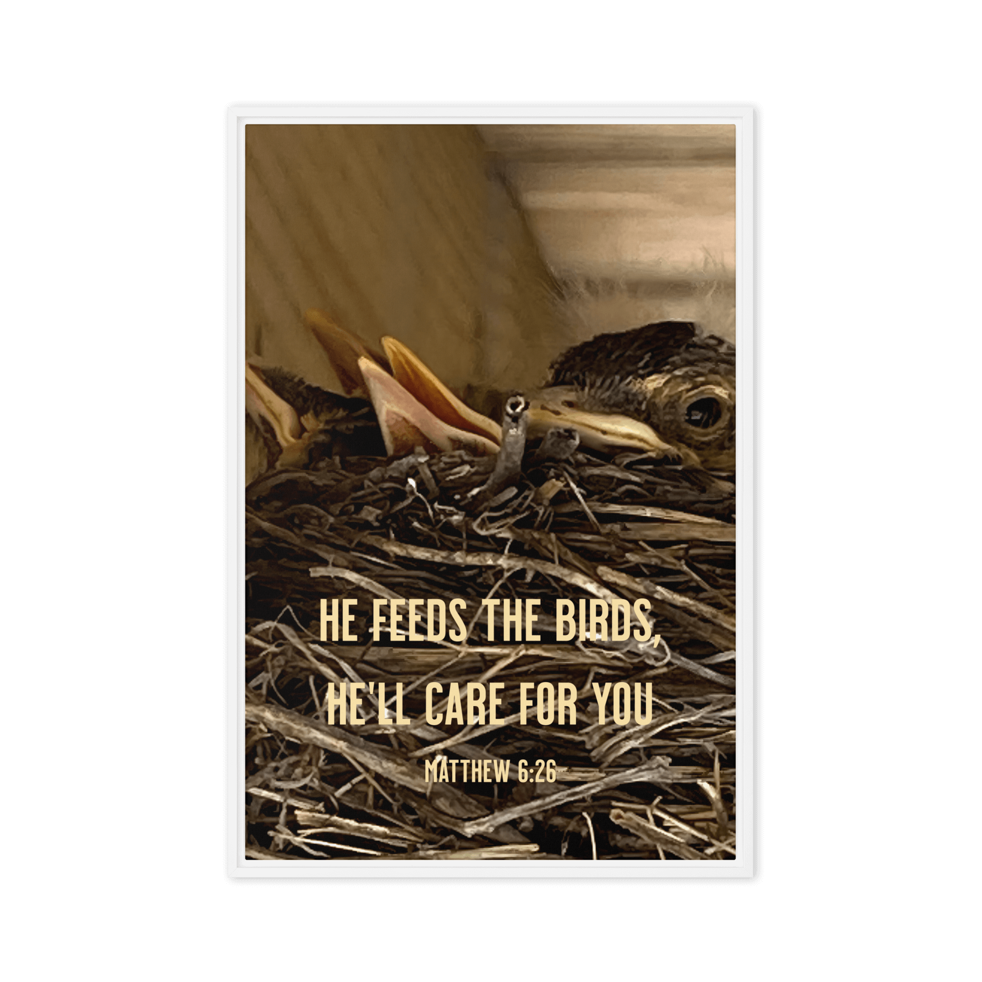 Matthew 6:26 Baby Robins, He'll Care for You Framed Canvas Print Wall Art White 24″×36″