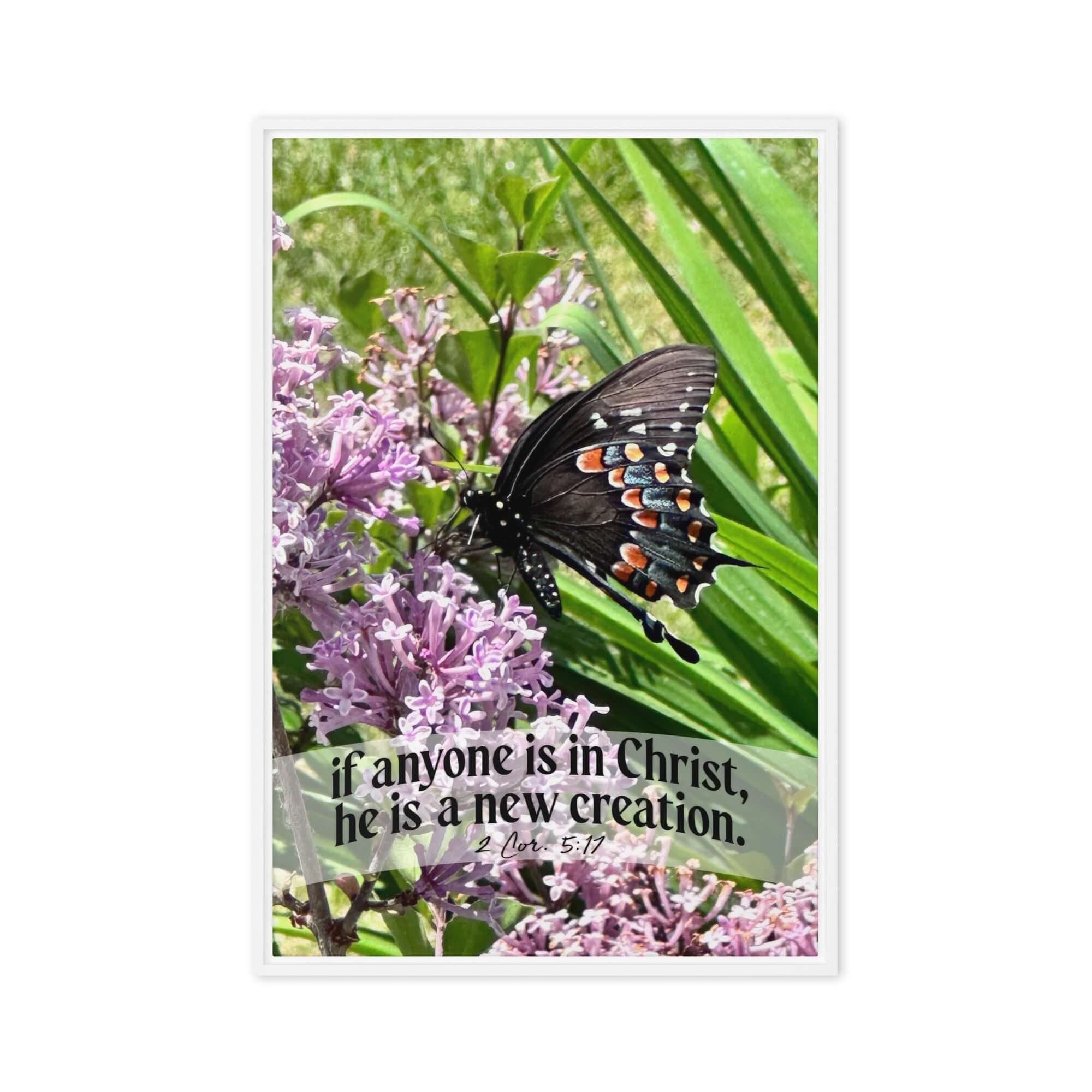 2 Corinthians 5:17 Bible Verse, Butterfly Framed Canvas Print Wall Art White 24″×36″