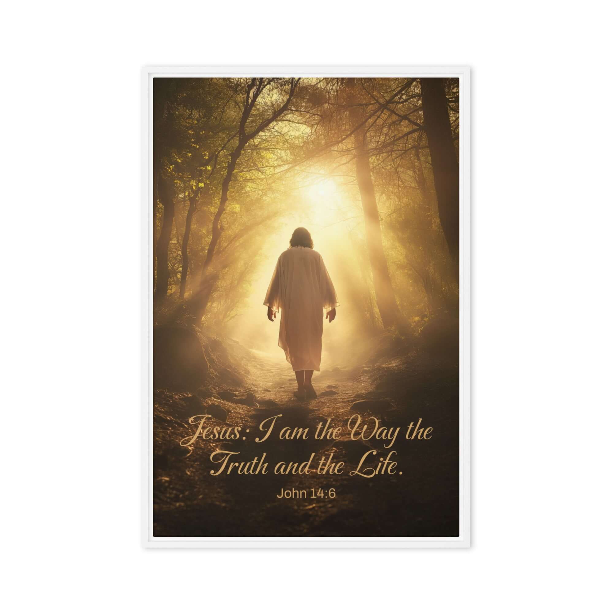 John 14:6 Bible Verse, Forest Image Framed Canvas Print Wall Art White 24″×36″