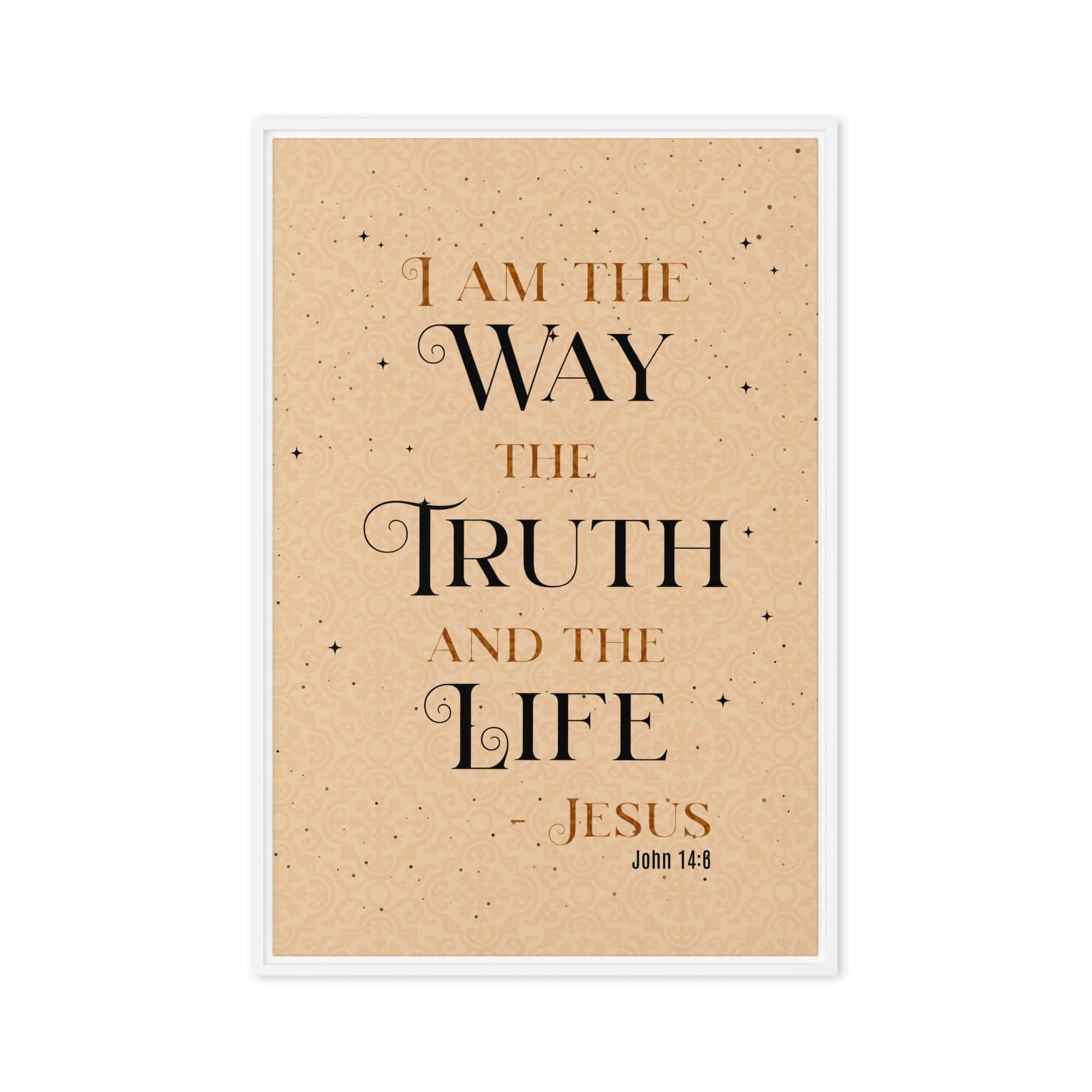 John 14:6 Bible Verse, Color Text Brown Background Framed Canvas Print Wall Art White 24″×36″