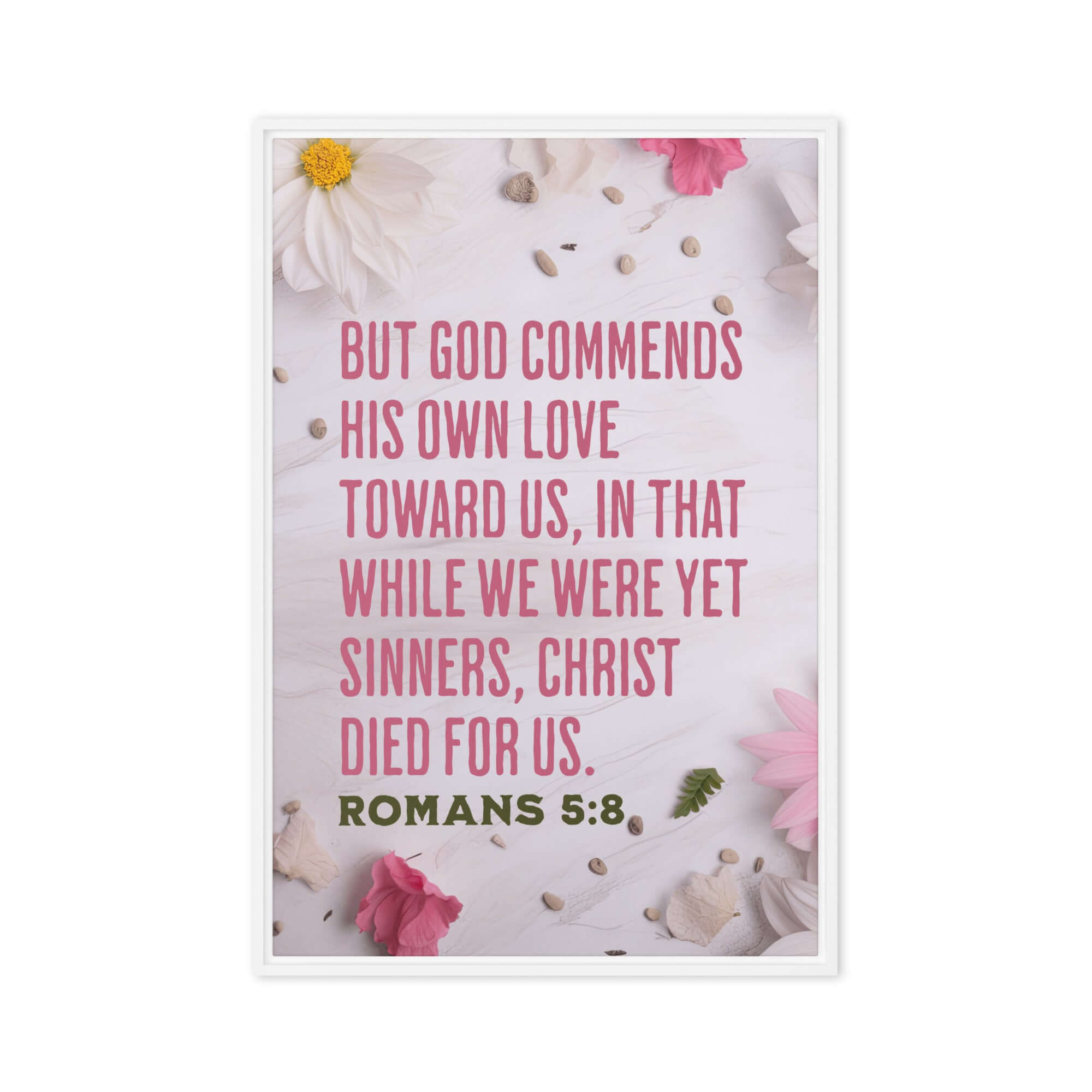 Romans 5:8 Bible Verse, Christ Died for Us Framed Canvas Print Wall Art White 24″×36″