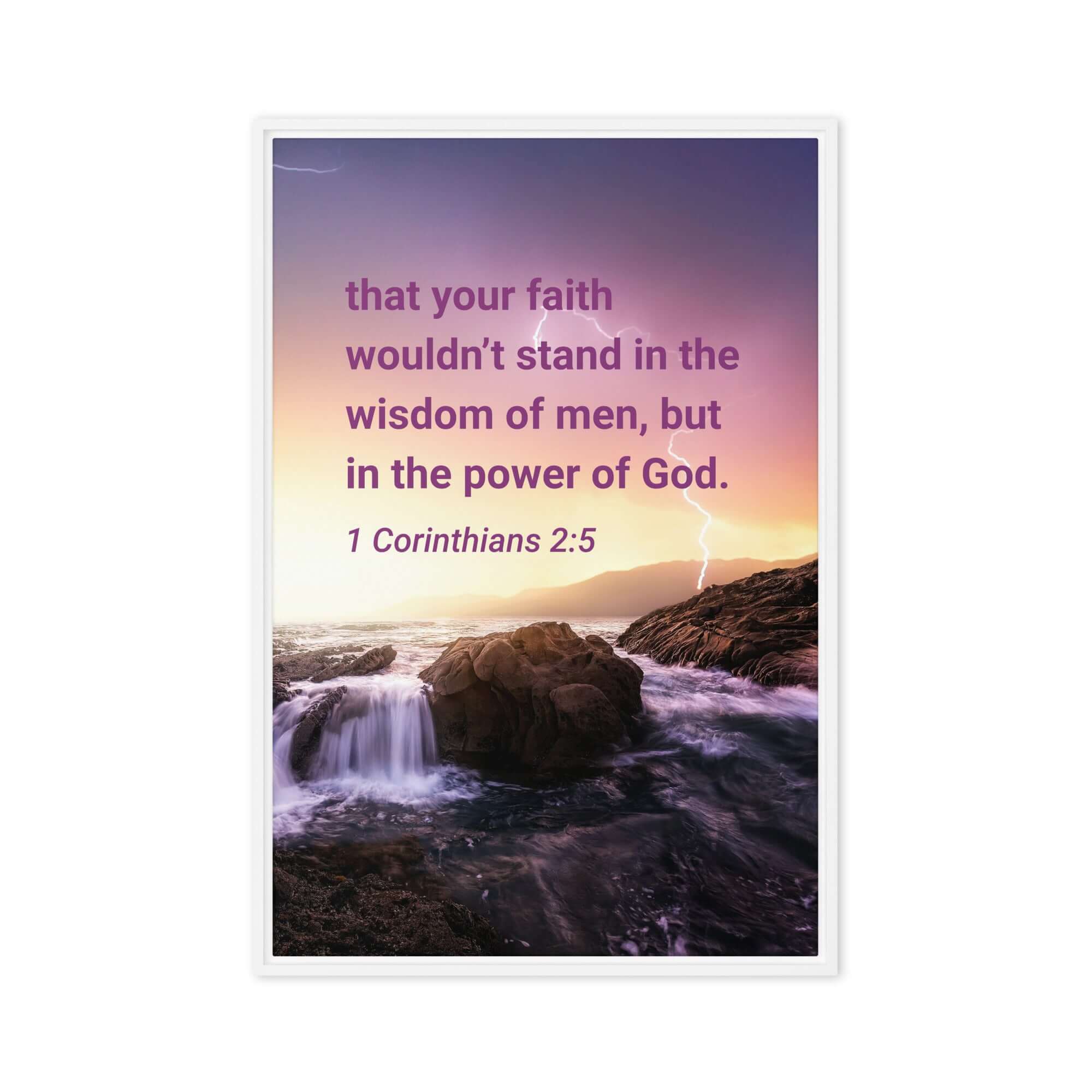 1 Corinthians 2:5 Bible Verse, power of God Framed Canvas Print Wall Art White 24″×36″