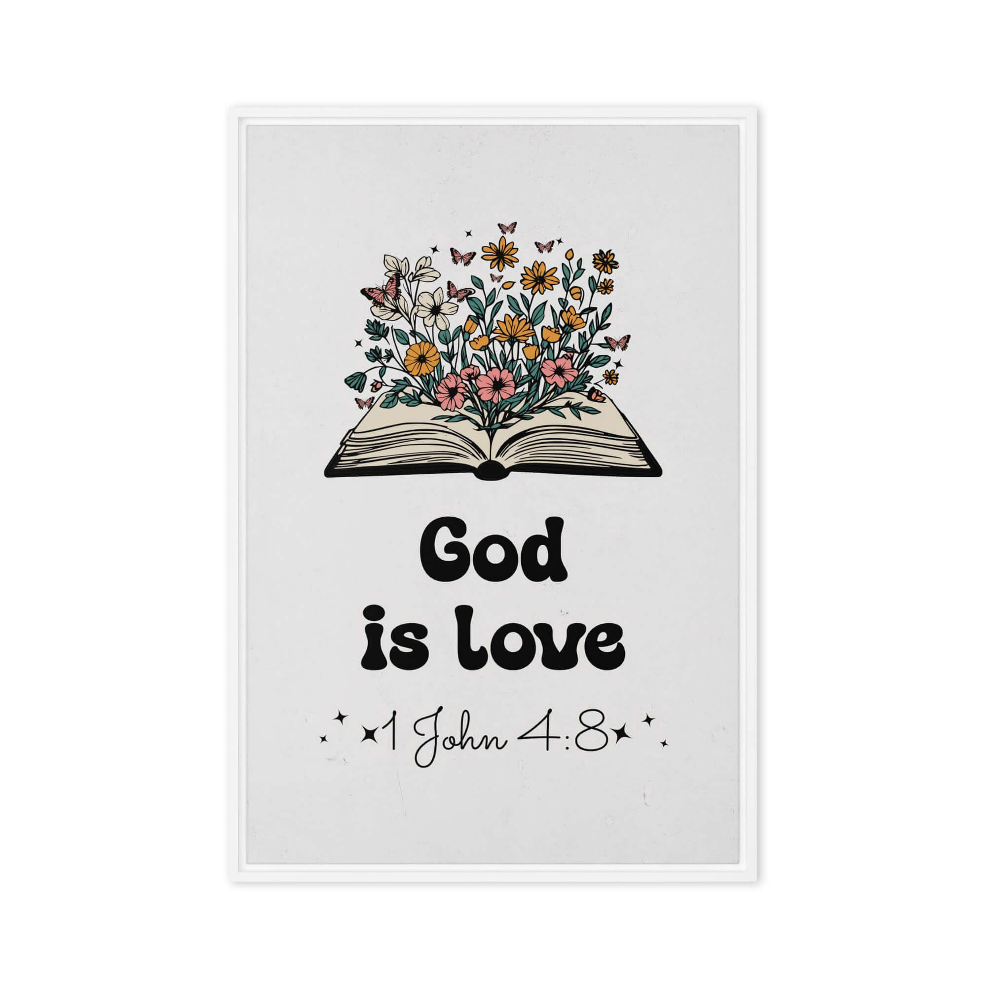 1 John 4:8 Bible Verse, God is Love Framed Canvas Print Wall Art White 24″×36″