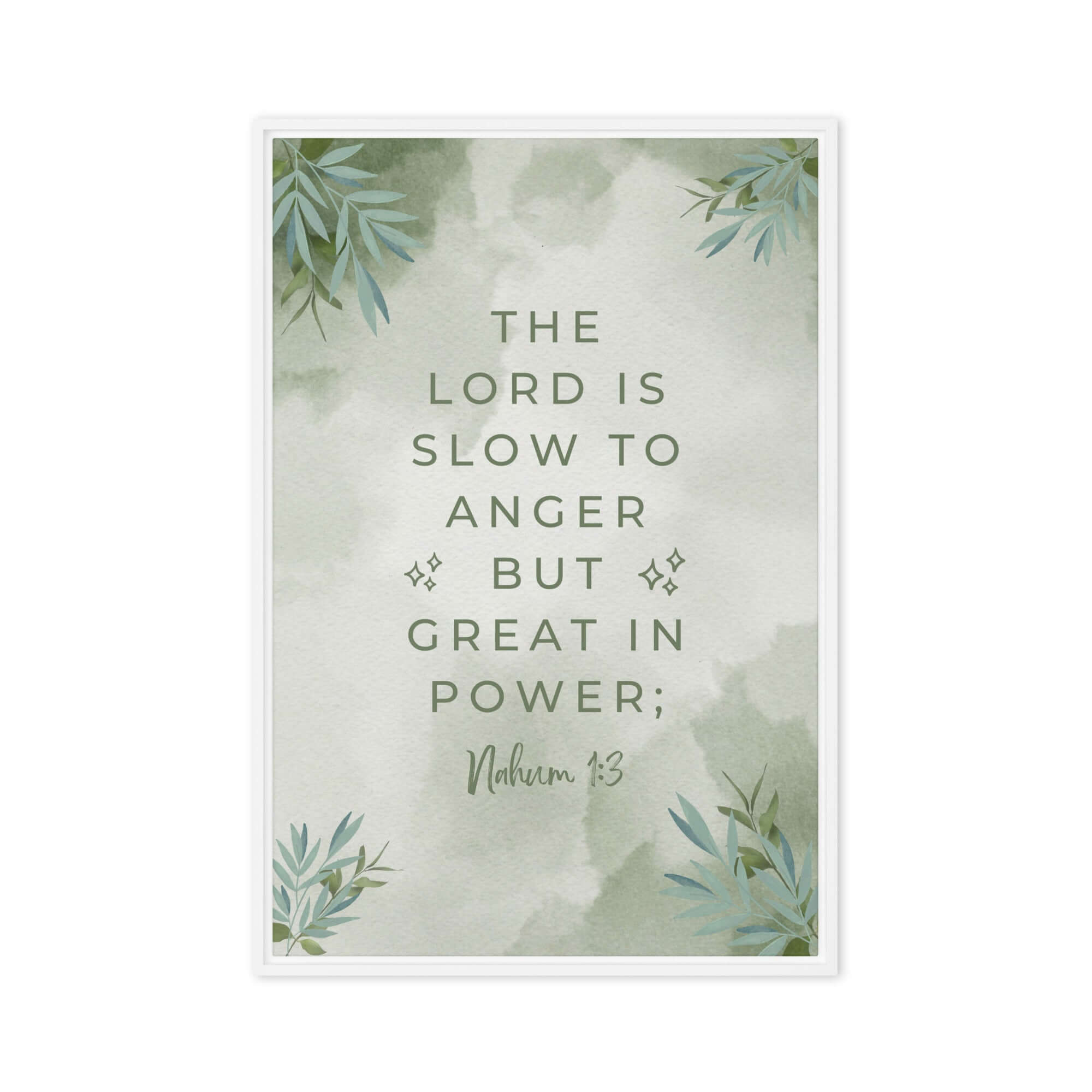 Nahum 1:3 Bible Verse, The Lord is slow Framed Canvas Print Wall Art White 24″×36″