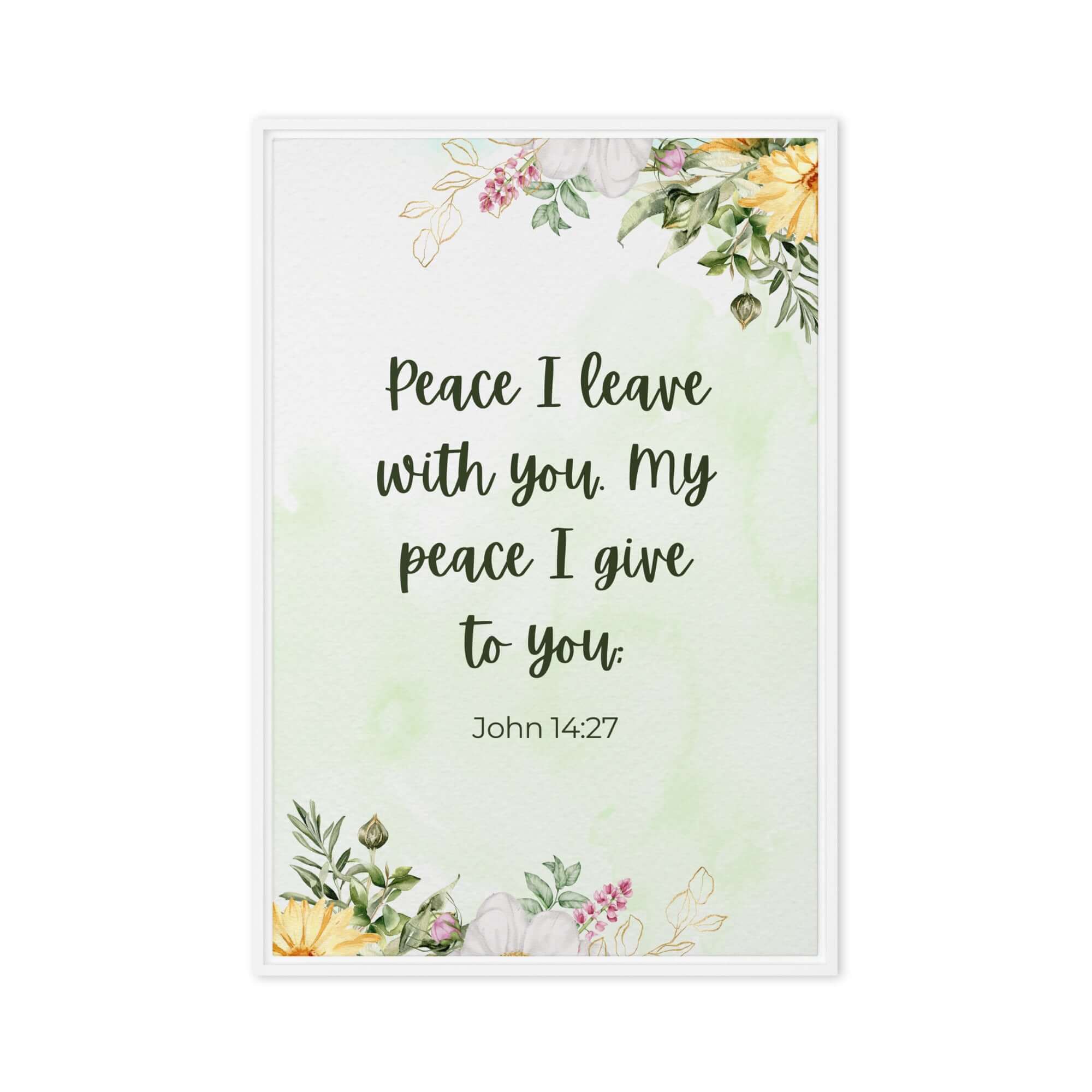 John 14:27 Bible Verse, My peace Framed Canvas Print Wall Art White 24″×36″
