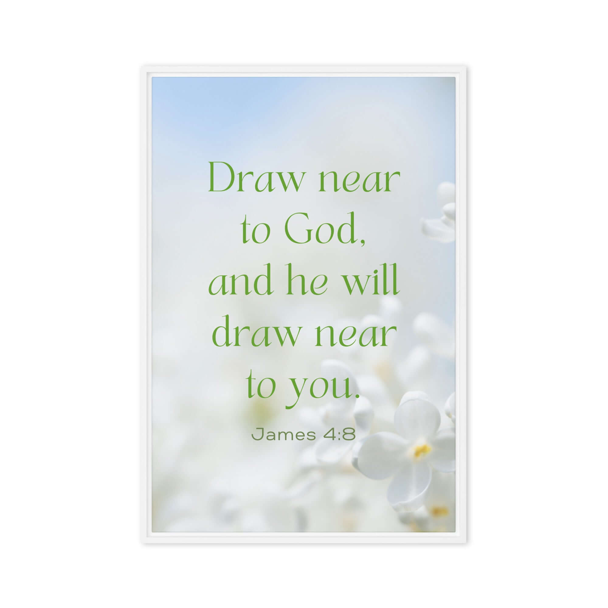 James 4:8 Bible Verse, Draw near Framed Canvas Print Wall Art White 24″×36″