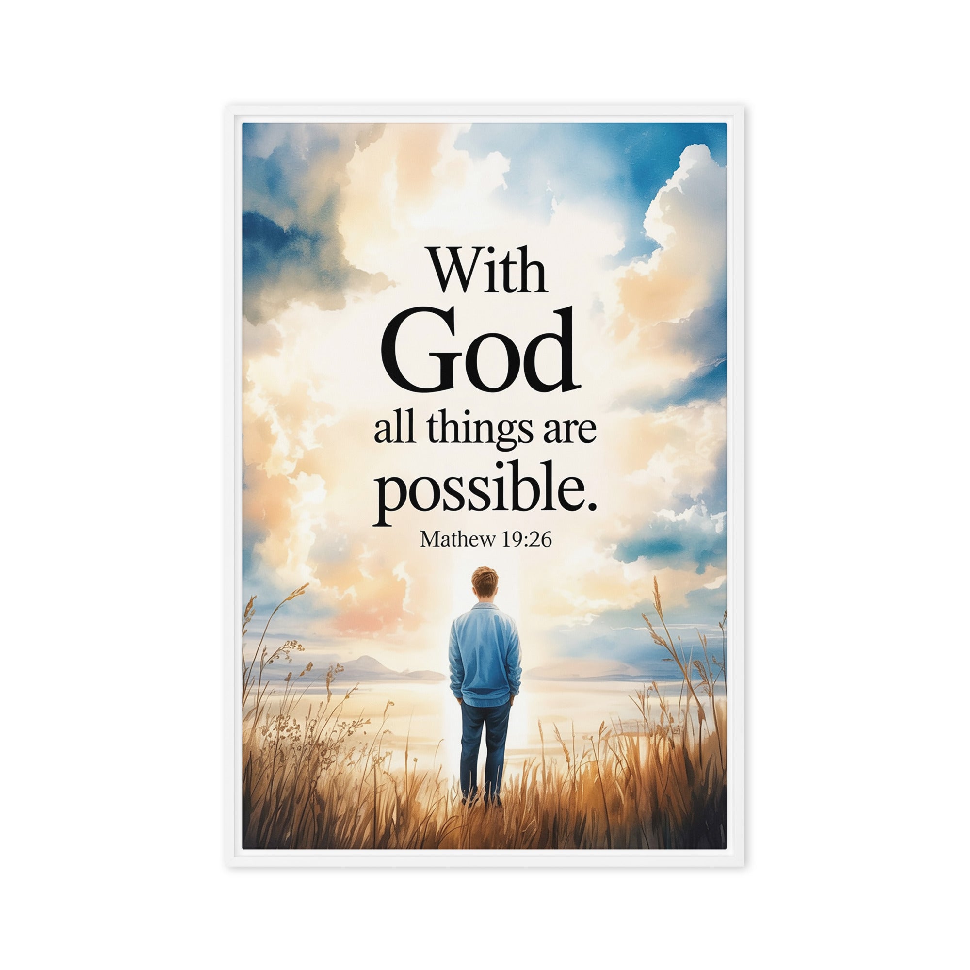 Matthew 19:26 Bible Verse Jesus Framed Canvas White 24″×36″