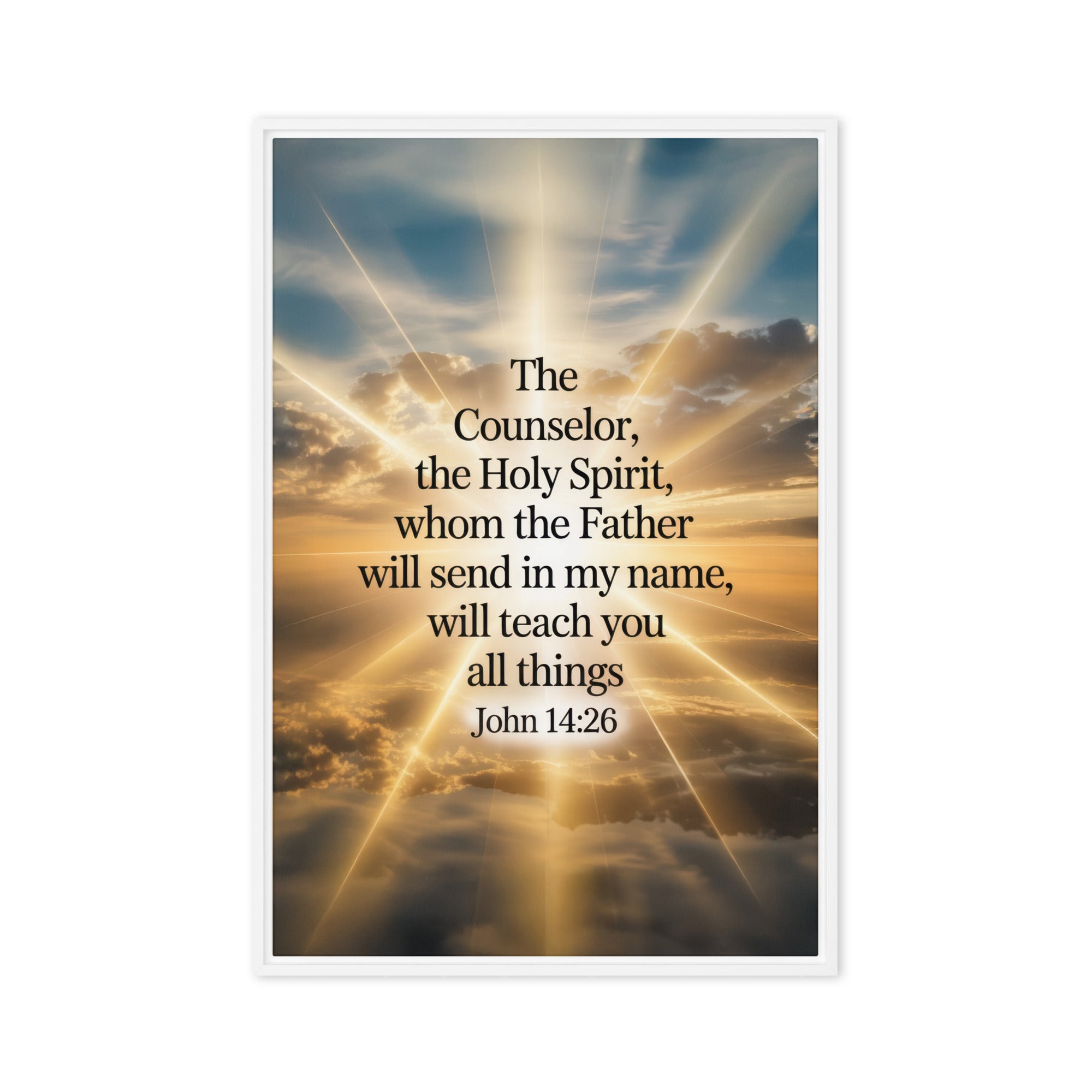 John 14:26 Bible Verse will send Framed Canvas White 24″×36″