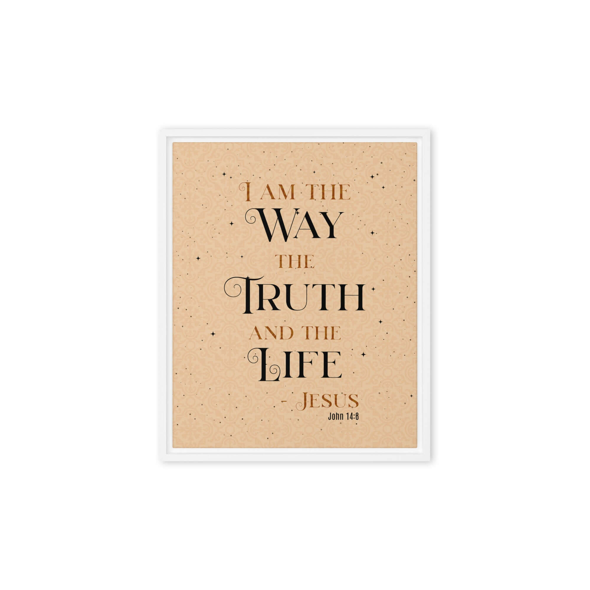 John 14:6 Bible Verse, Color Text Brown Background Framed Canvas Print Wall Art White 8″×10″