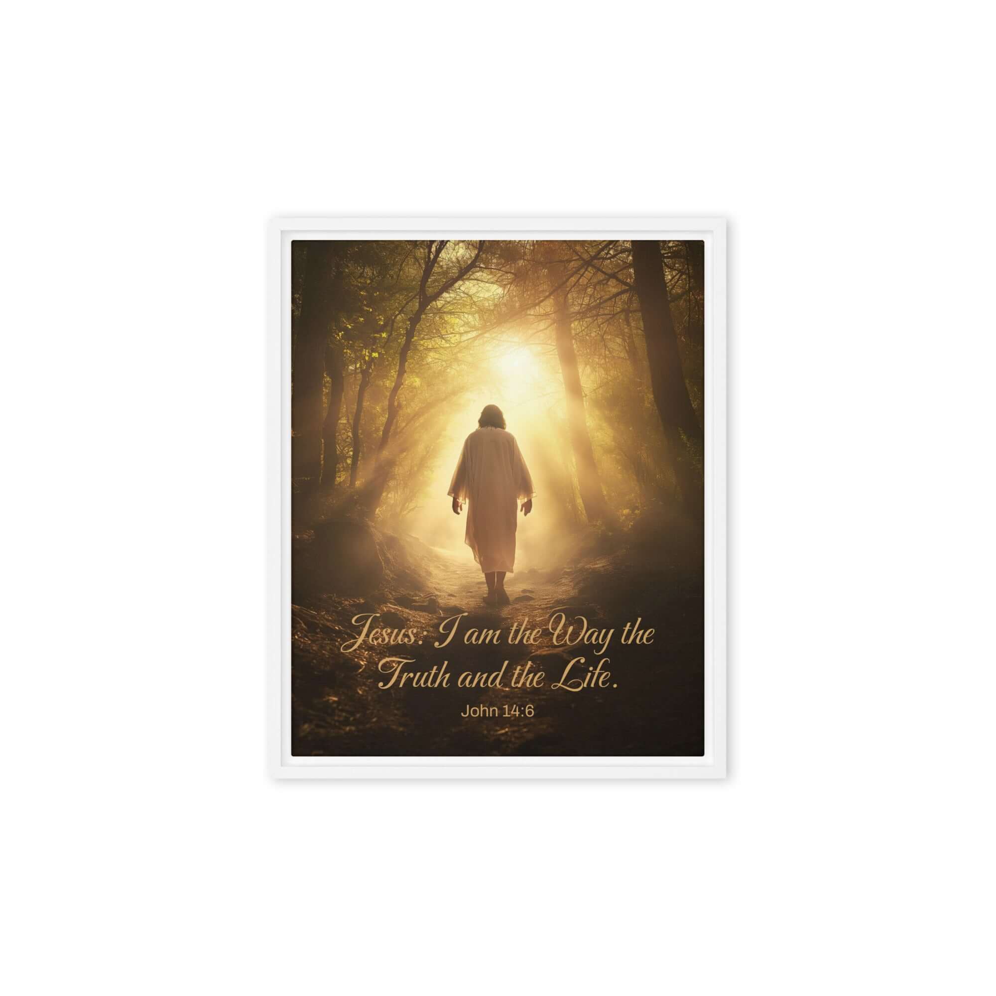 John 14:6 Bible Verse, Forest Image Framed Canvas Print Wall Art White 8″×10″