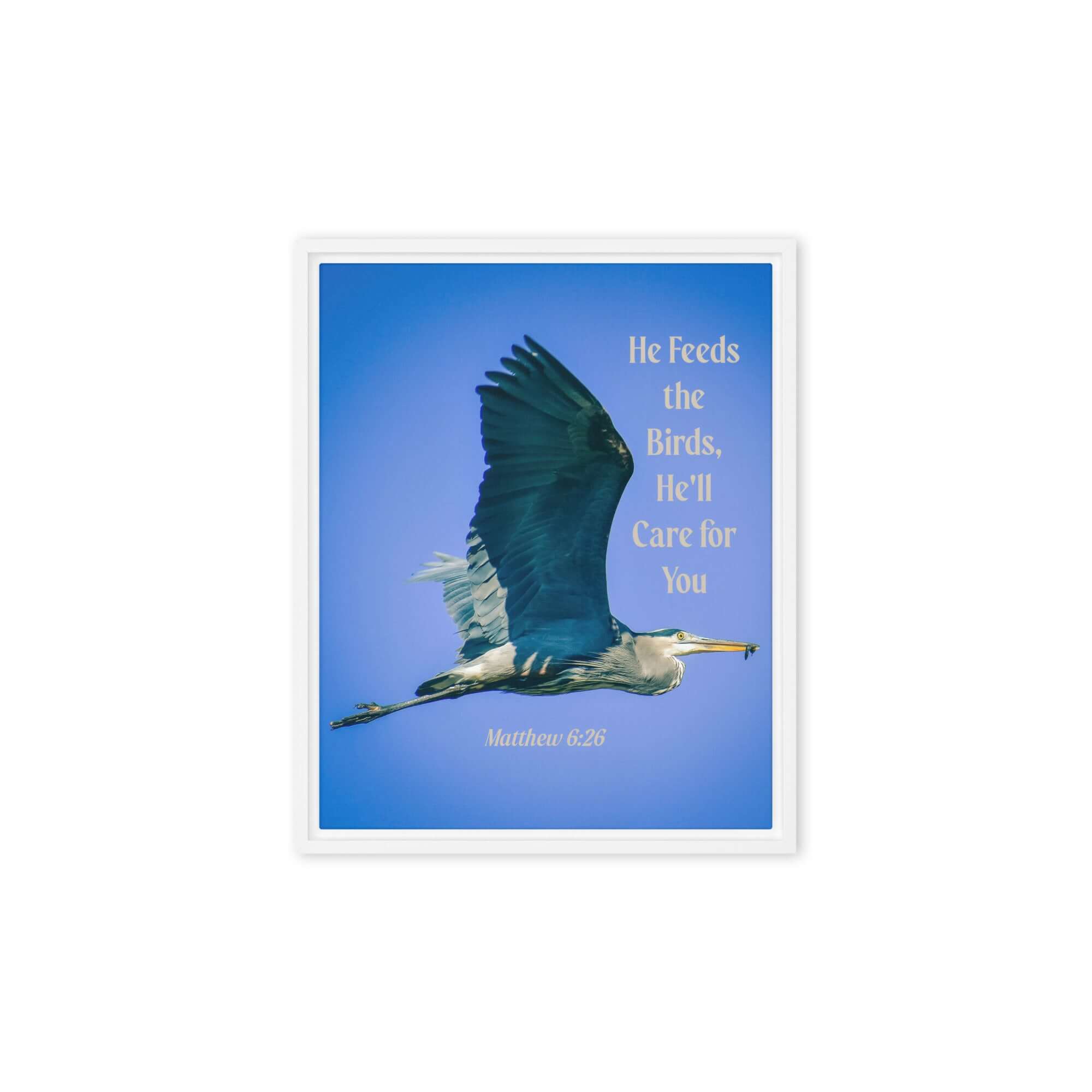 Matthew 6:26 Graceful Heron, He'll Care for You Framed Canvas Print Wall Art White 8″×10″