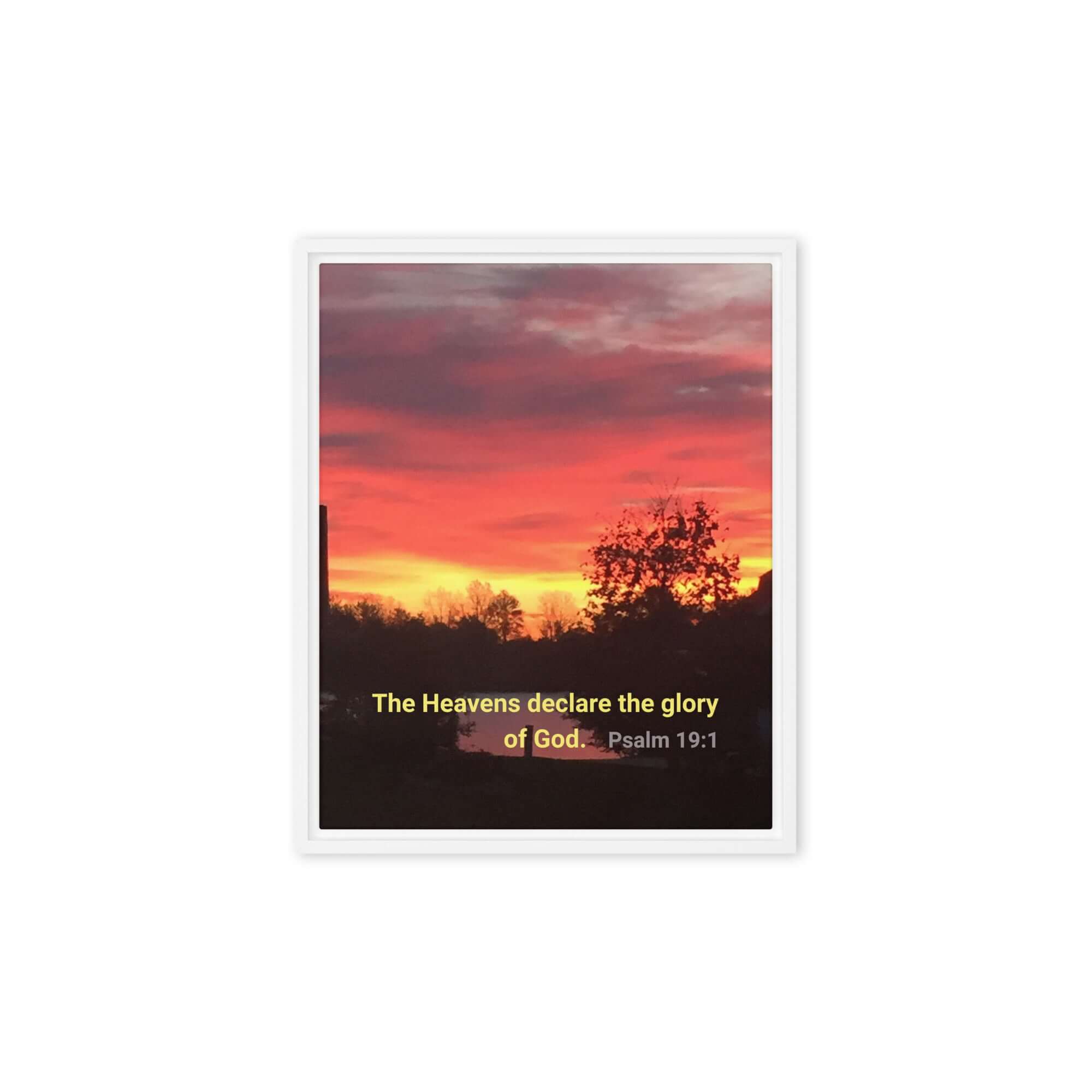 Psalm 19:1 Bible Verse, Sunset Glory Framed Canvas Print Wall Art White 8″×10″