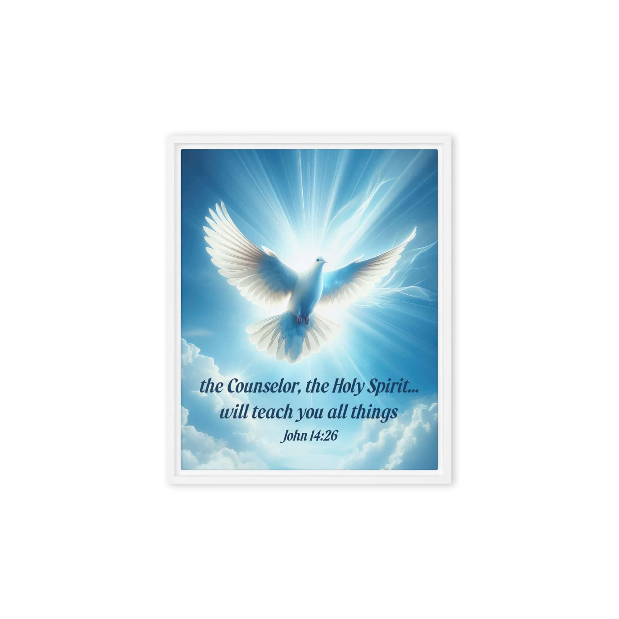 John 14:26 Bible Verse, Holy Spirit Dove Framed Canvas Print Wall Art White 8″×10″