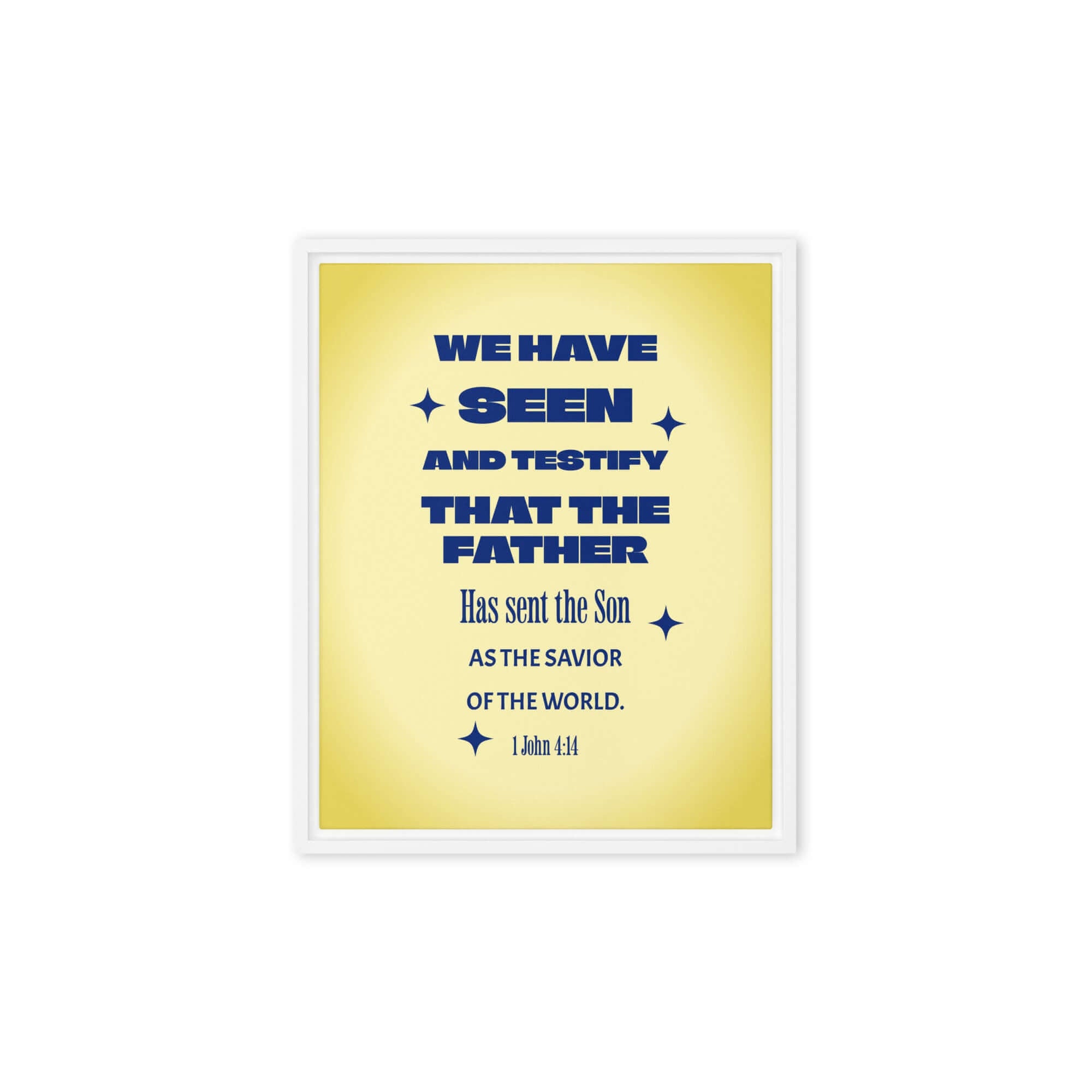 1 John 4:14 Bible Verse, Savior of the world Framed Canvas Print Wall Art White 8″×10″