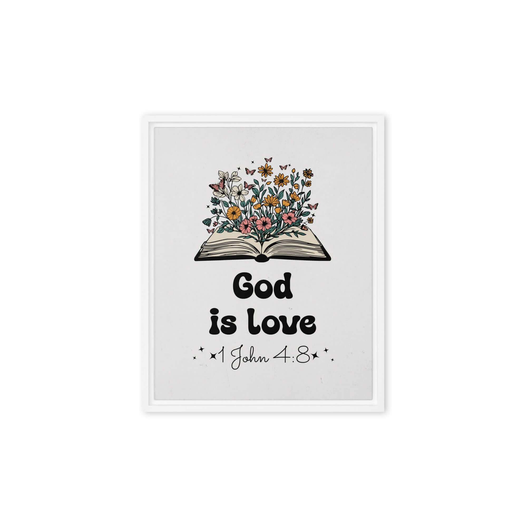 1 John 4:8 Bible Verse, God is Love Framed Canvas Print Wall Art White 8″×10″