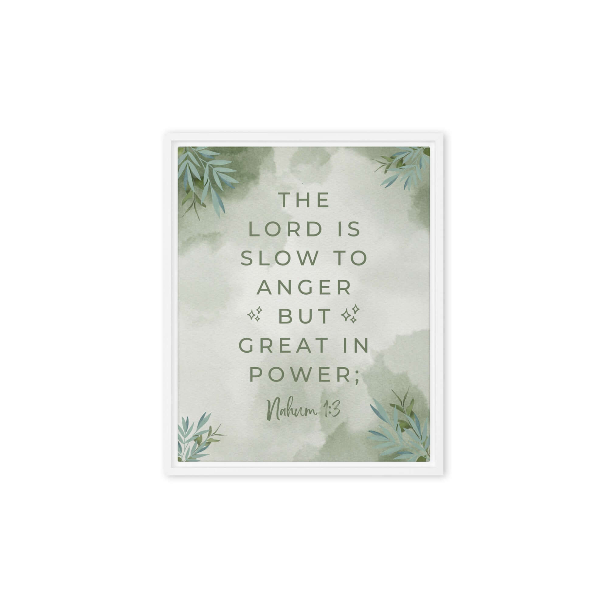 Nahum 1:3 Bible Verse, The Lord is slow Framed Canvas Print Wall Art White 8″×10″