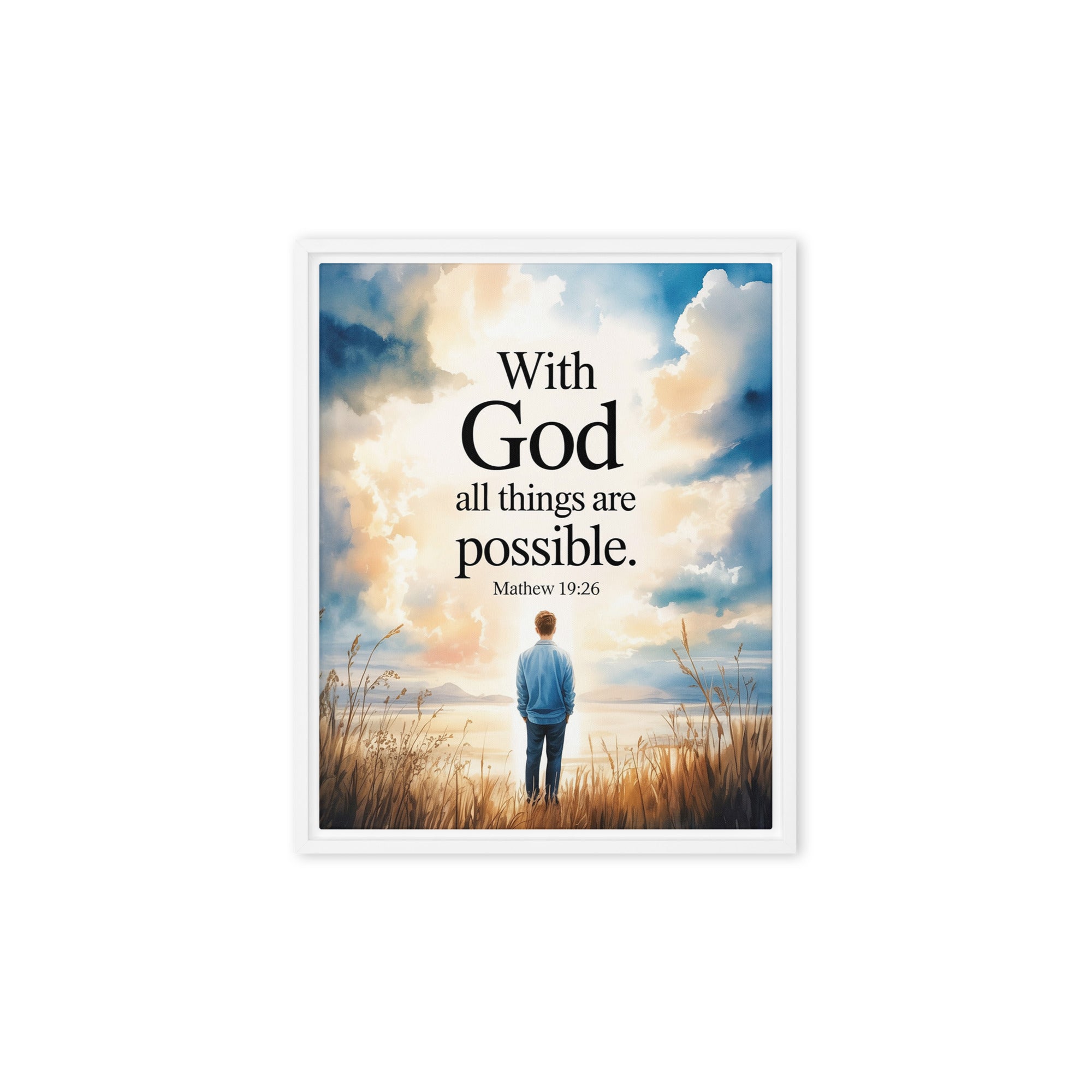 Matthew 19:26 Bible Verse Jesus Framed Canvas White 8″×10″