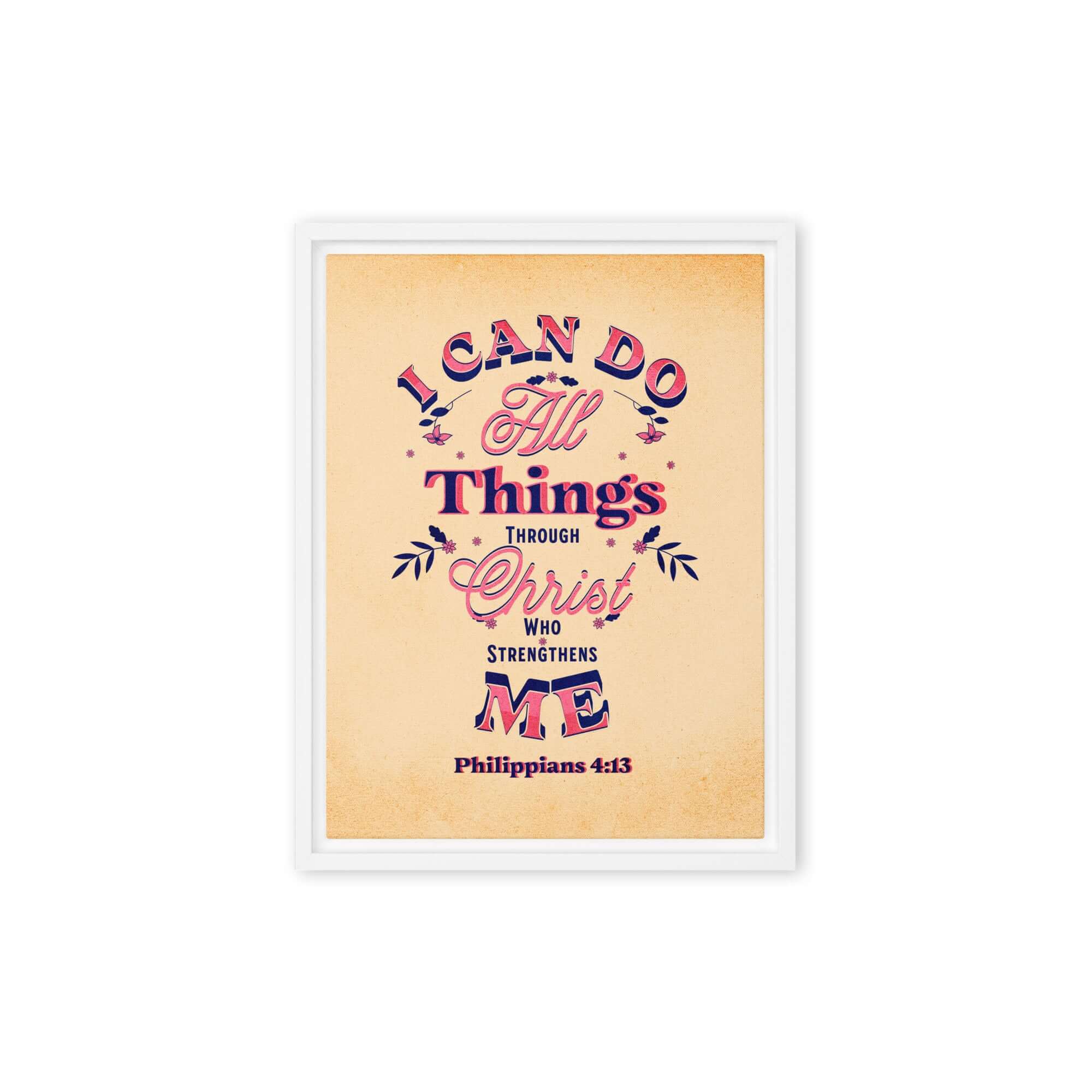 Philippians 4:13 Bible Verse, Christ Strengthens Me Framed Canvas Print Wall Art White 9″×12″