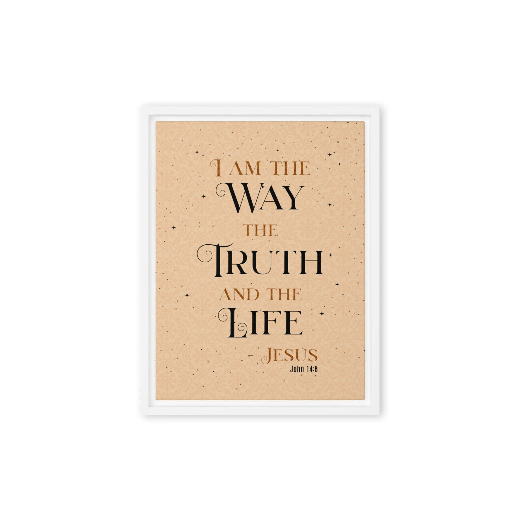 John 14:6 Bible Verse, Color Text Brown Background Framed Canvas Print Wall Art White 9″×12″