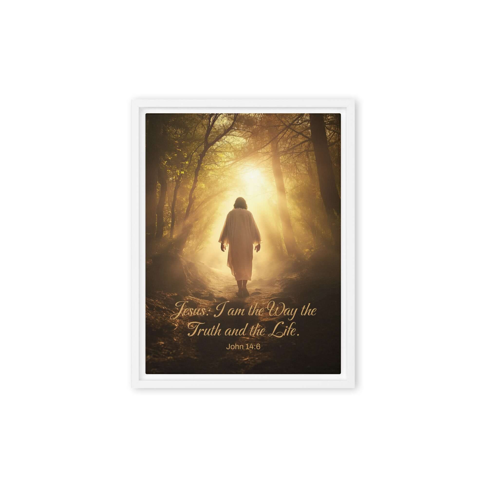 John 14:6 Bible Verse, Forest Image Framed Canvas Print Wall Art White 9″×12″