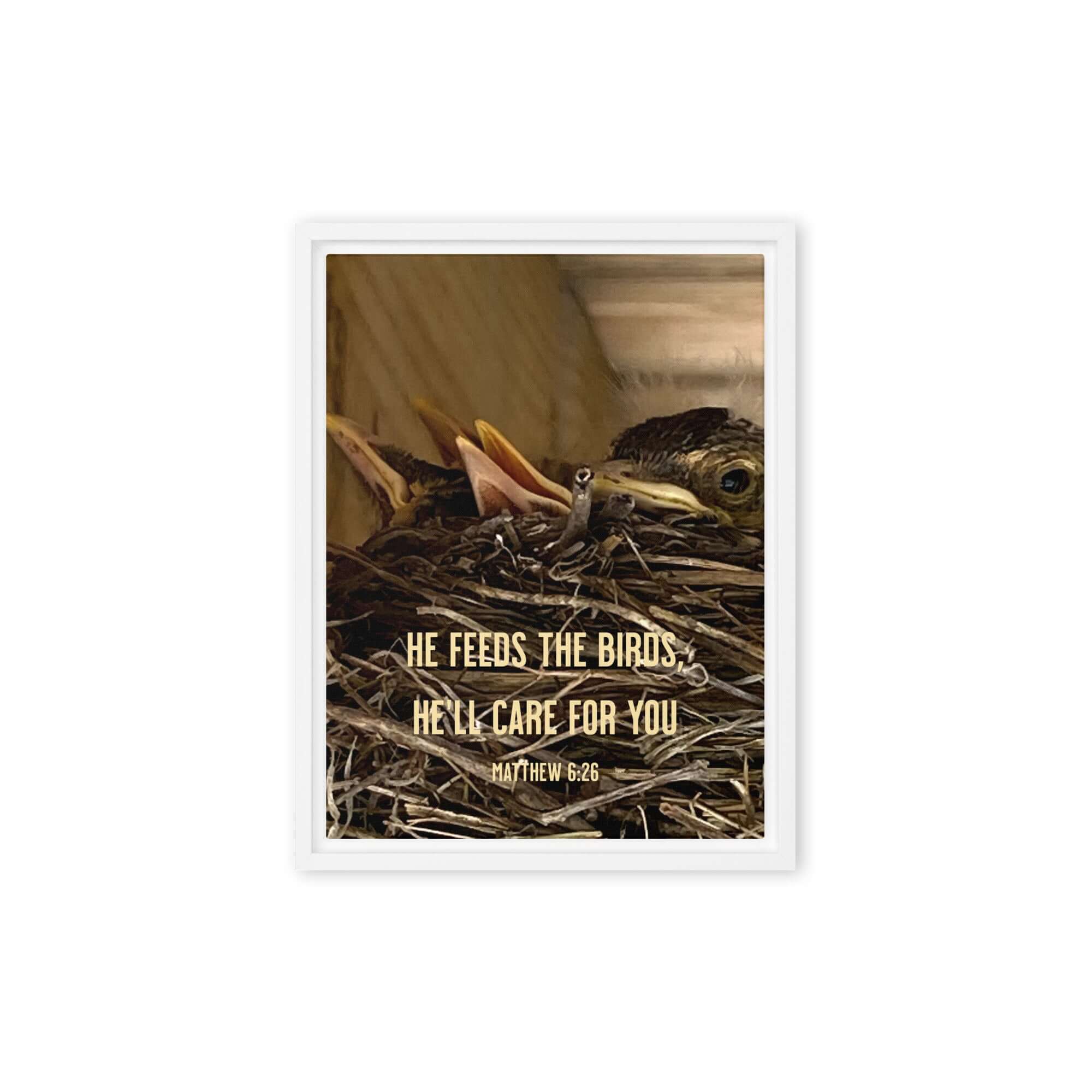 Matthew 6:26 Baby Robins, He'll Care for You Framed Canvas Print Wall Art White 9″×12″