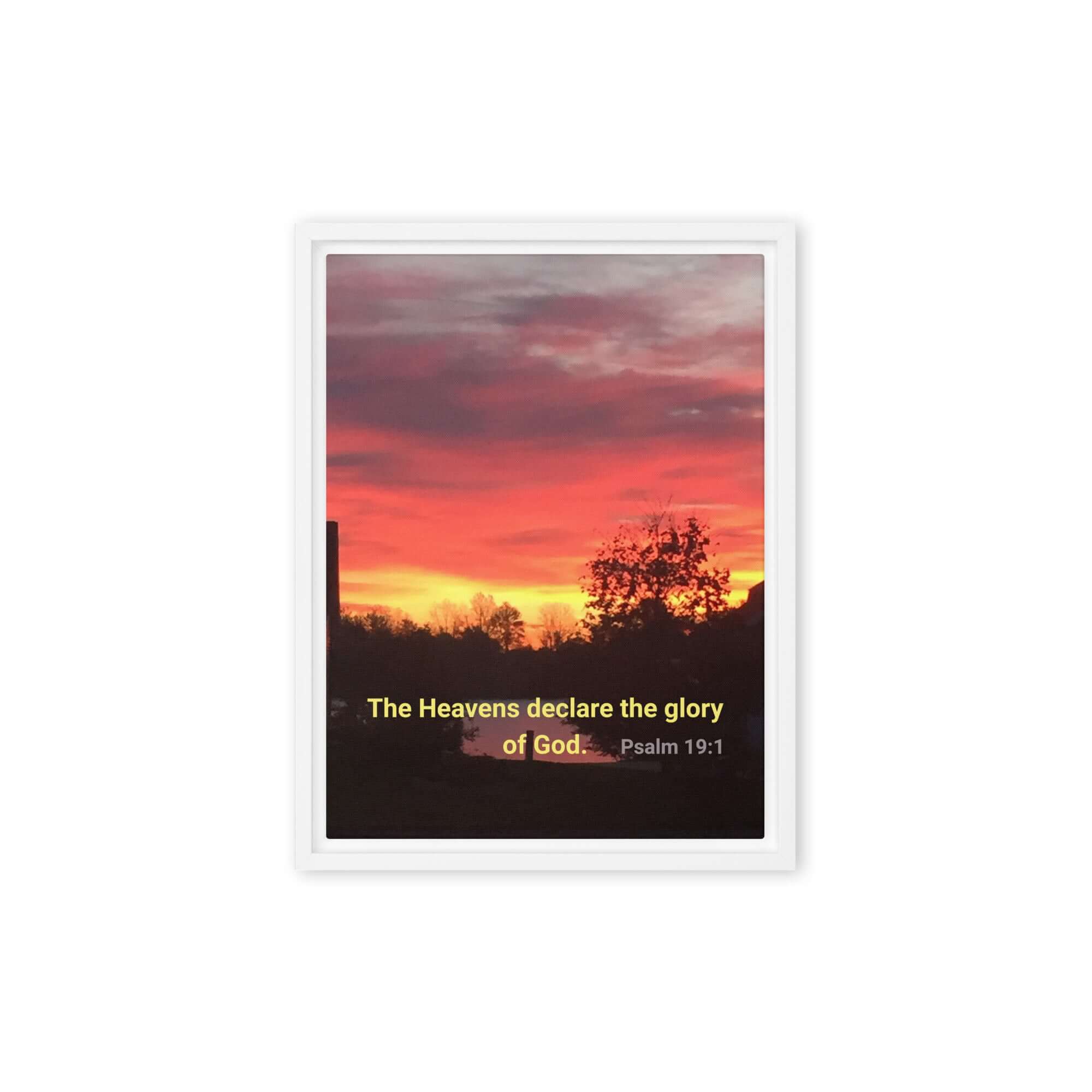 Psalm 19:1 Bible Verse, Sunset Glory Framed Canvas Print Wall Art White 9″×12″