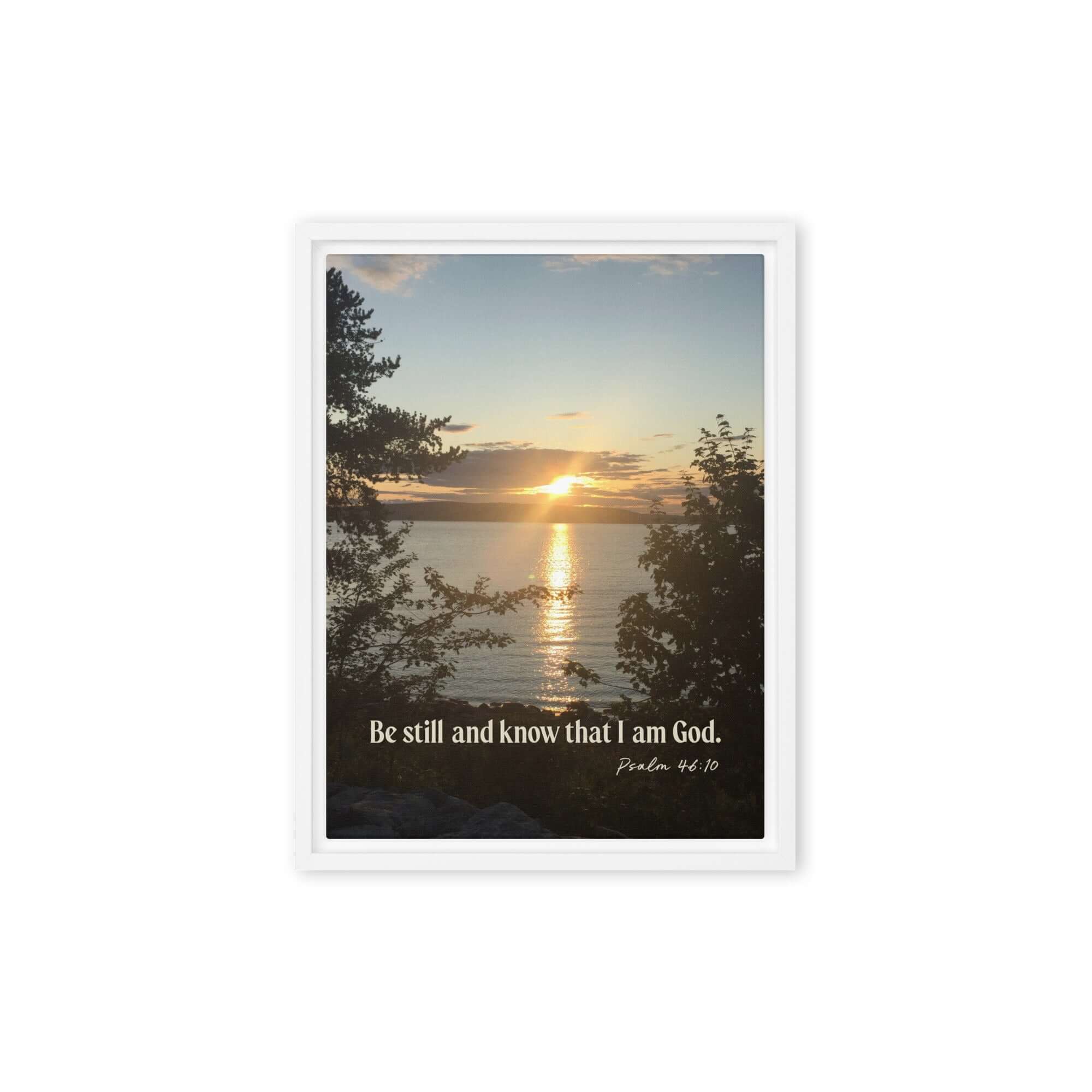 Psalm 46:10 Bible Verse, Sunset Glory Framed Canvas Print Wall Art White 9″×12″