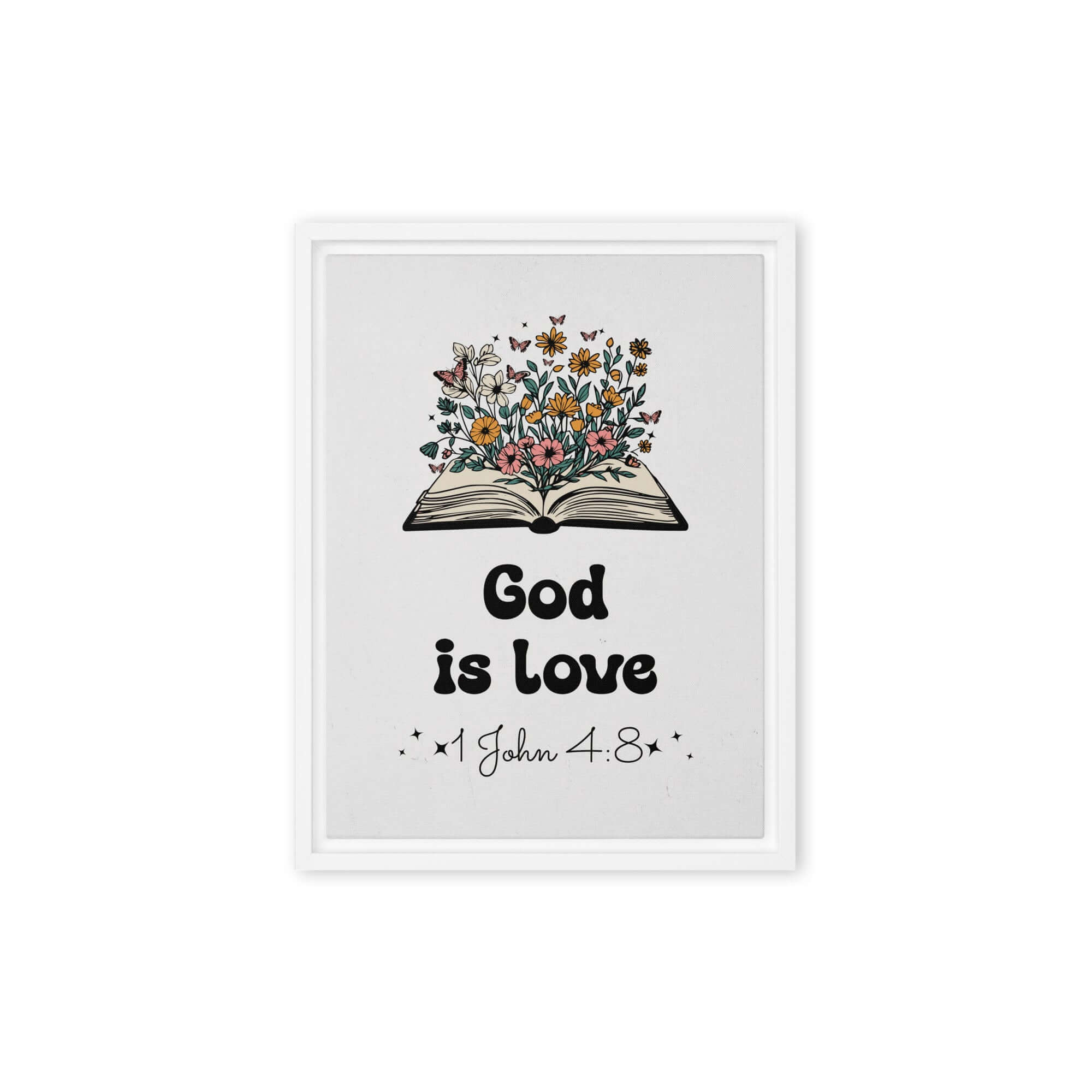 1 John 4:8 Bible Verse, God is Love Framed Canvas Print Wall Art White 9″×12″