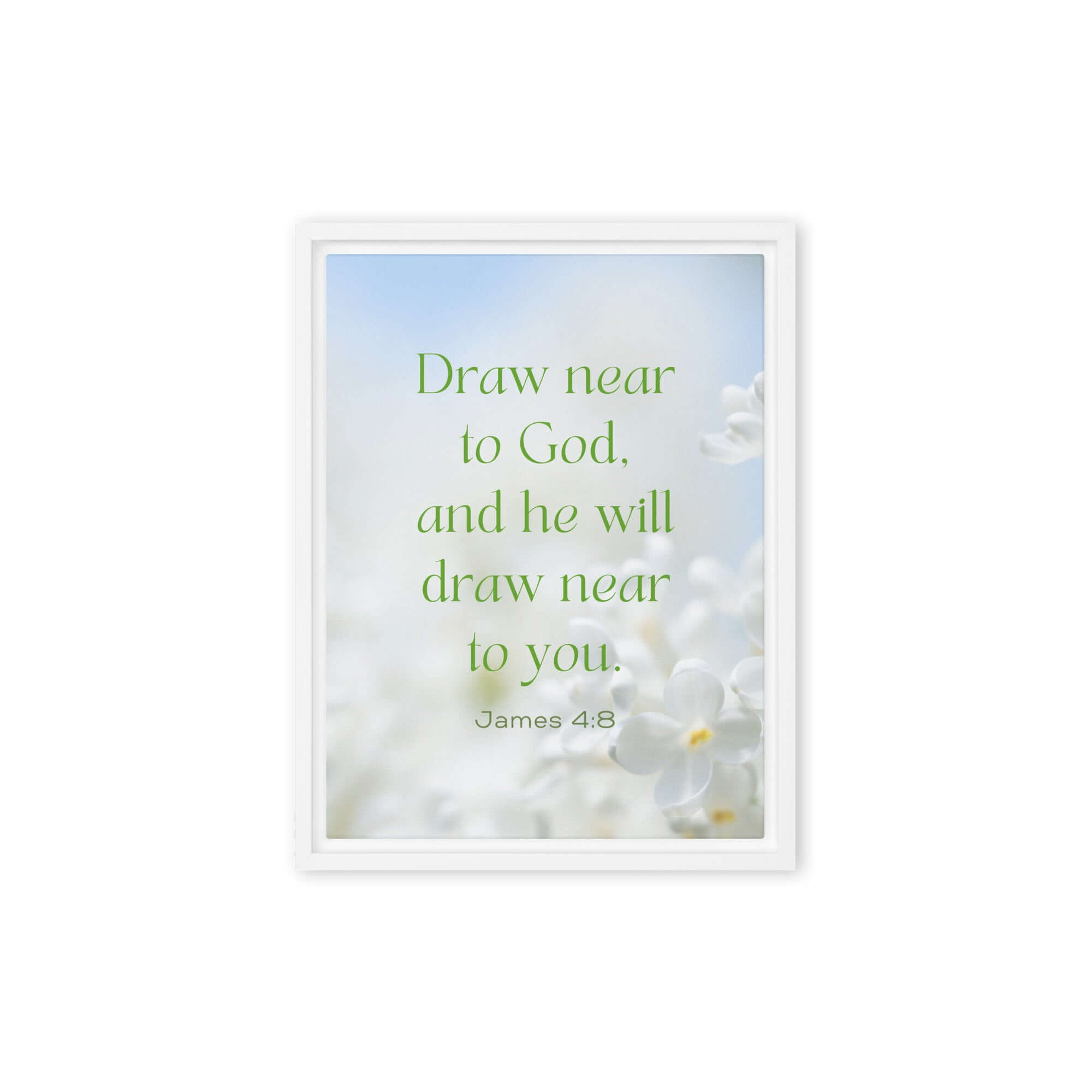 James 4:8 Bible Verse, Draw near Framed Canvas Print Wall Art White 9″×12″