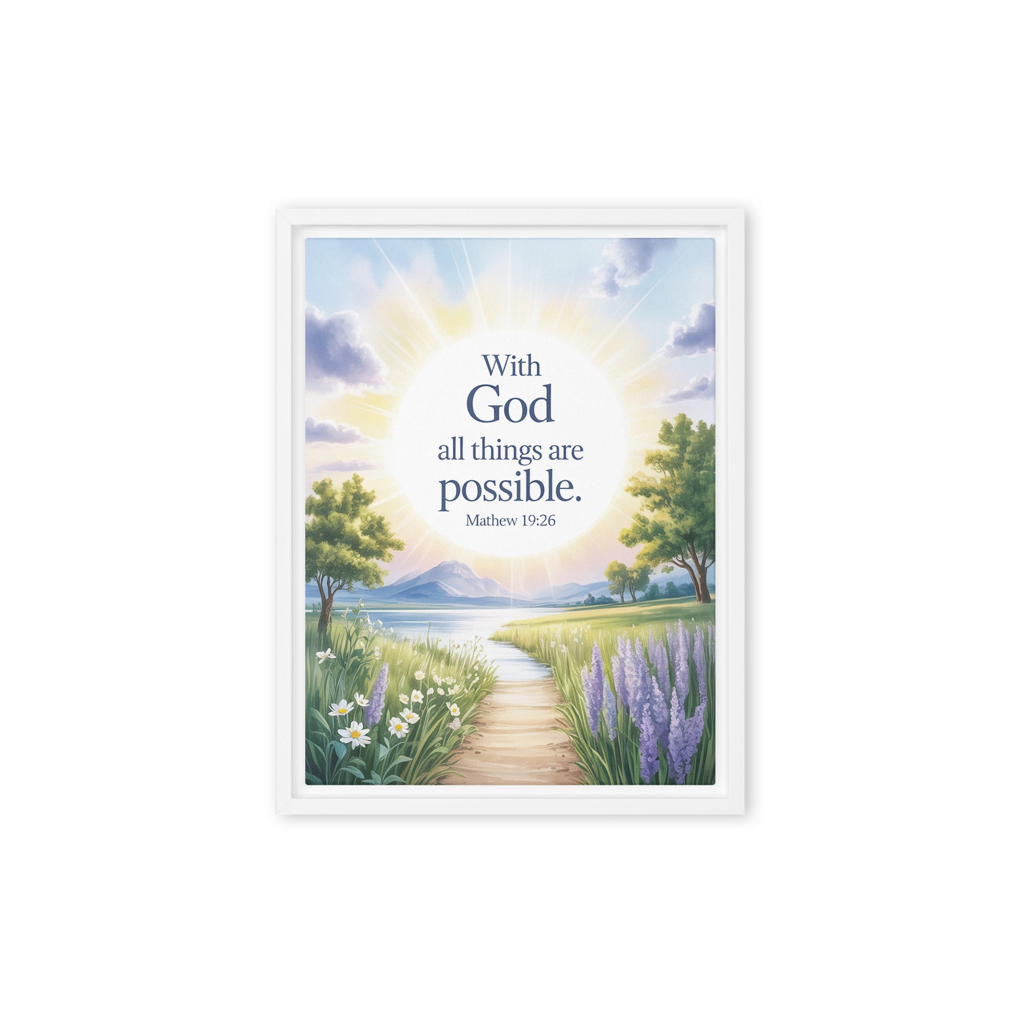 Matthew 19:26 Bible Verse Looking at Framed Canvas White 9″×12″